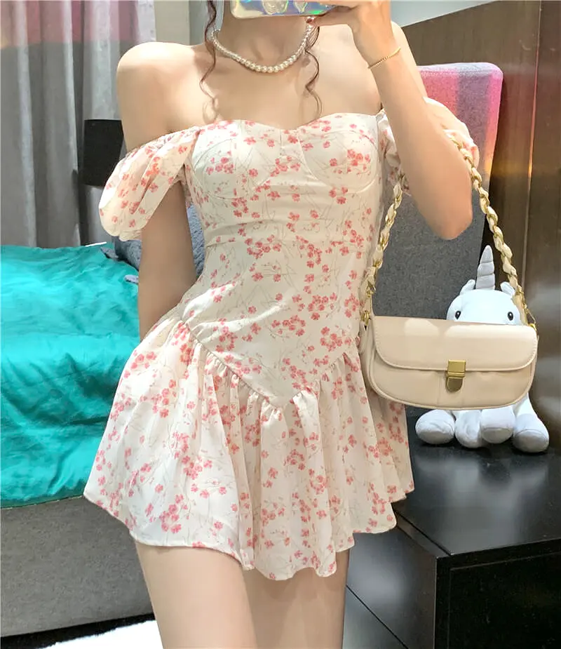 Sweet bubble sleeve floral square collar waist slim dress BY5032