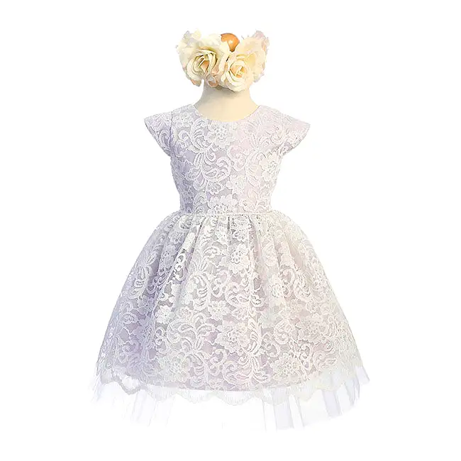 Sweet Kids Inc Floral Lace With Peek A Boo Lace & Pearl Trim Dress - Lavender