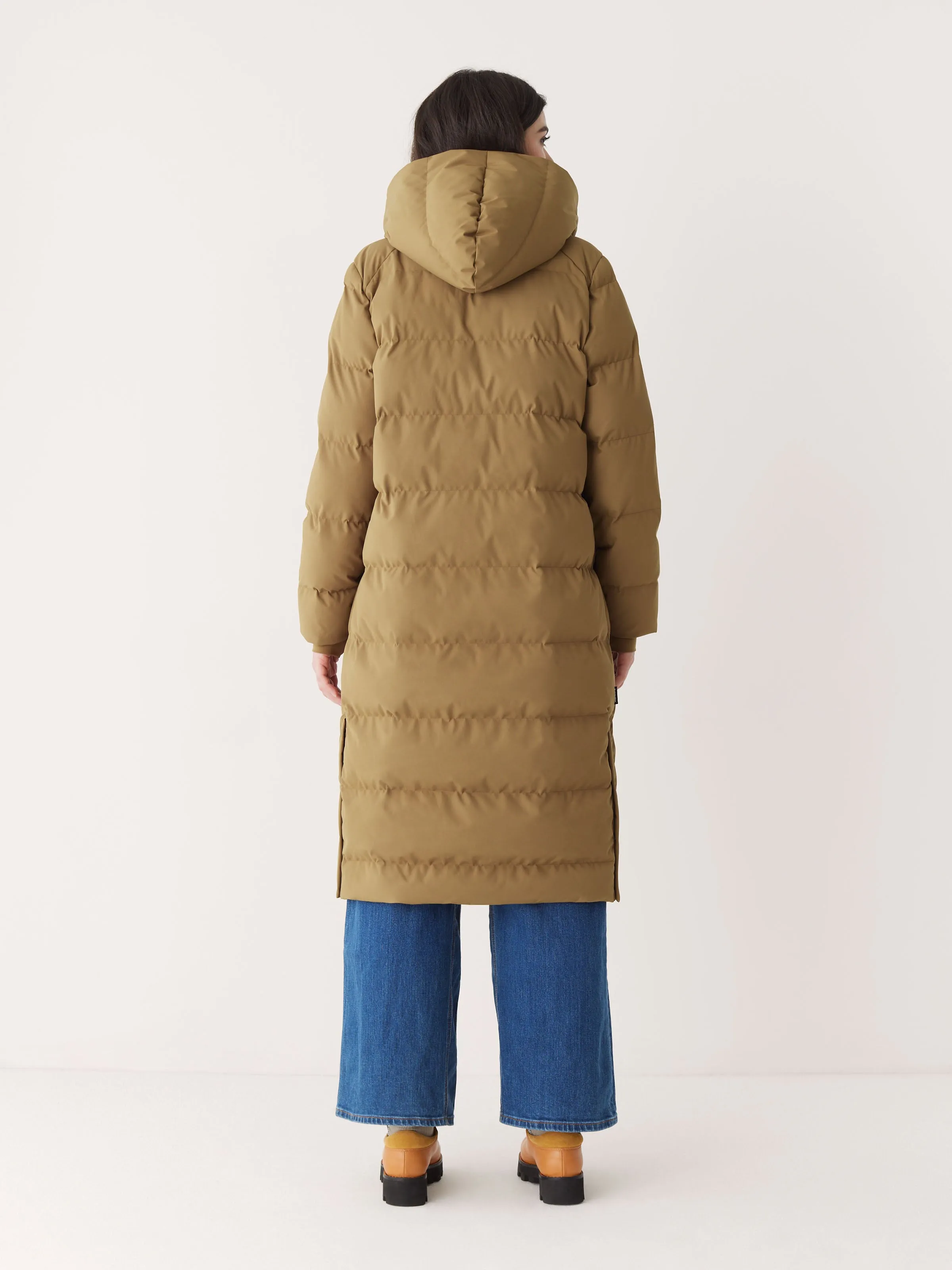 The Highland Long Puffer Coat in Amber Brown