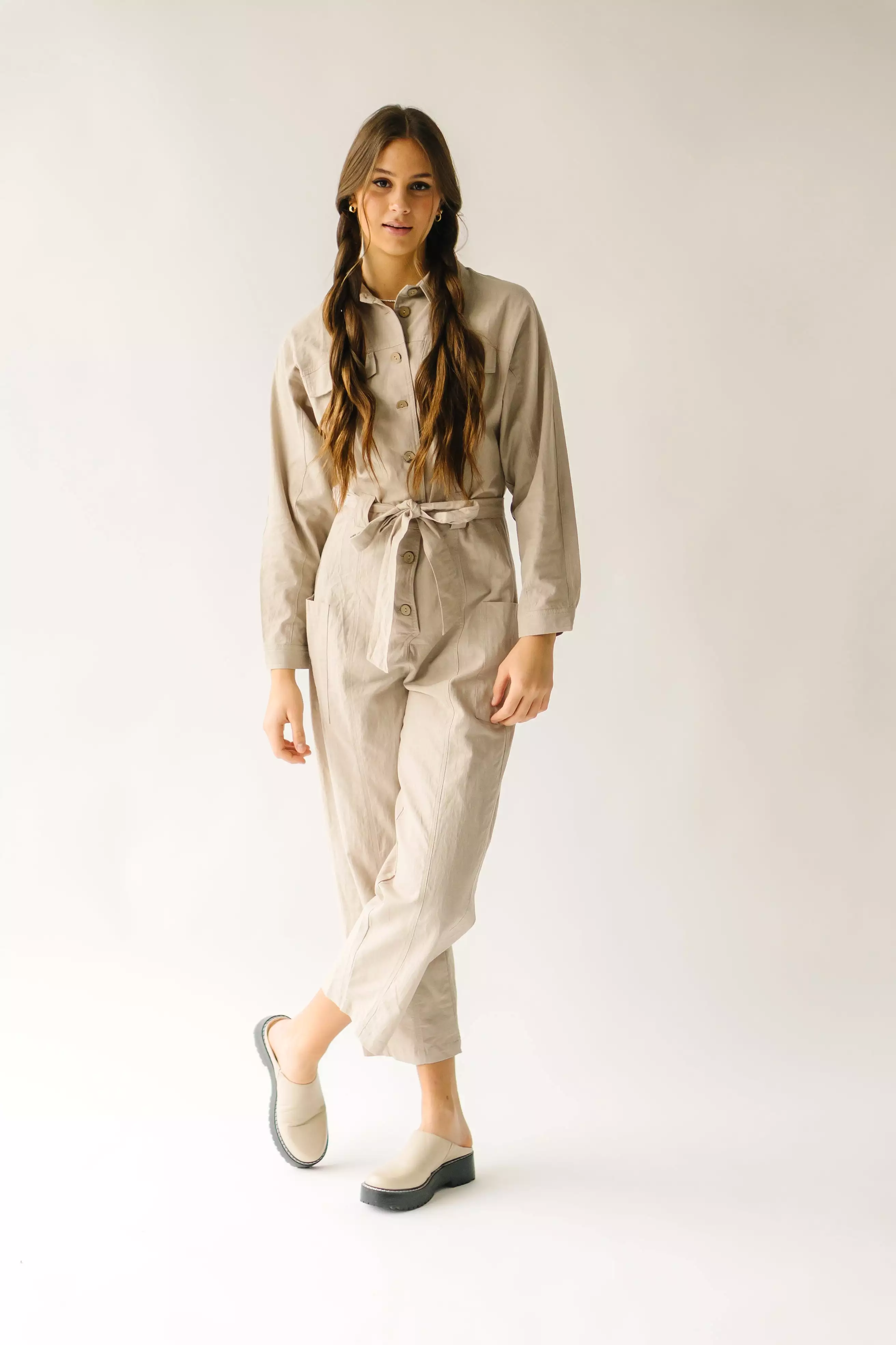 The Peckham Waist-Tie Jumpsuit in Taupe