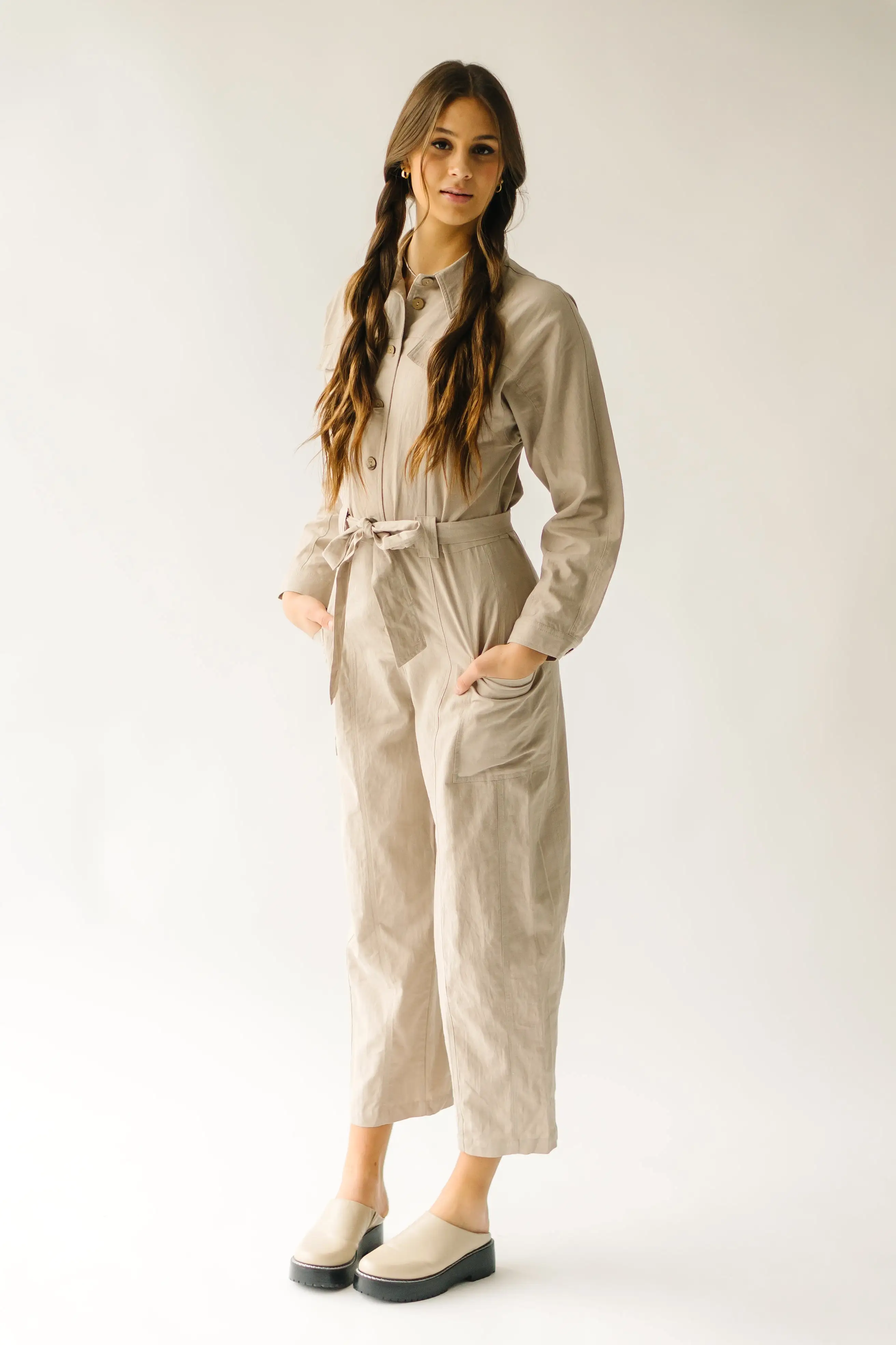 The Peckham Waist-Tie Jumpsuit in Taupe