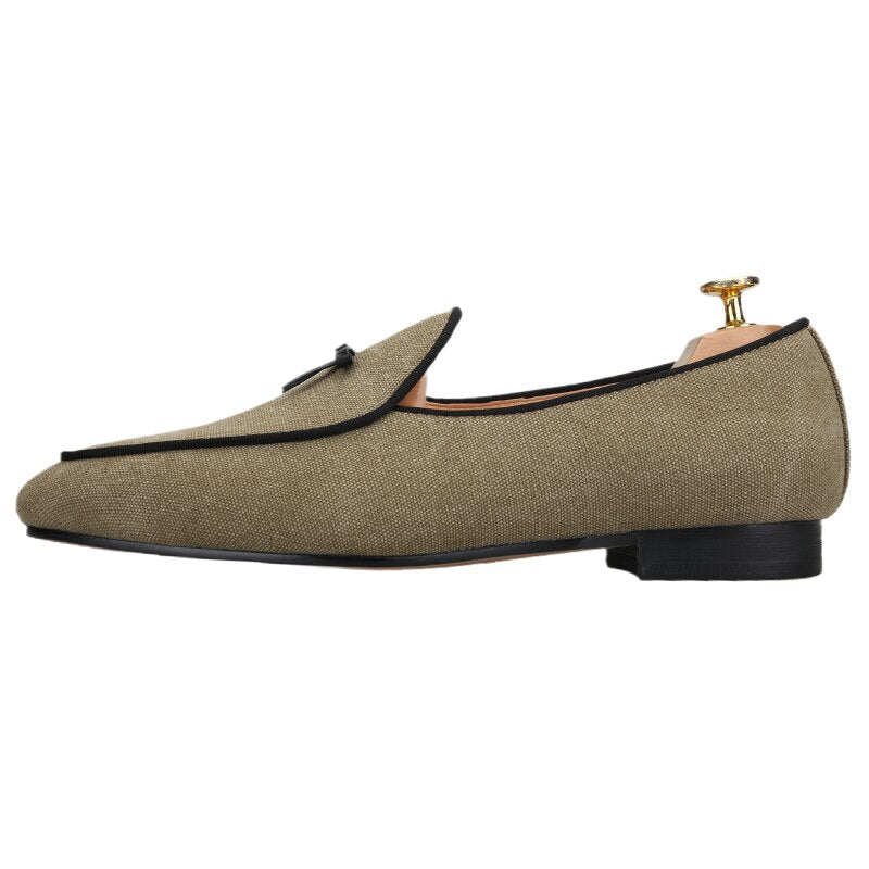 Three Colors Raw Cotton Canvas Belgian Loafers With Calfskin Flat Bows Handmade Slip-On Classic