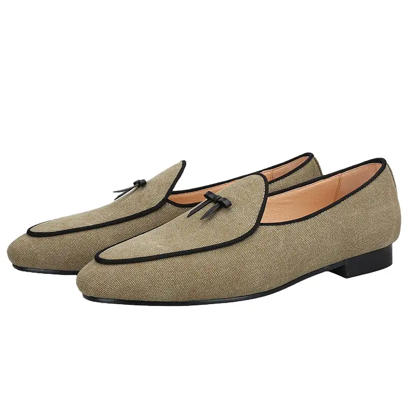 Three Colors Raw Cotton Canvas Belgian Loafers With Calfskin Flat Bows Handmade Slip-On Classic