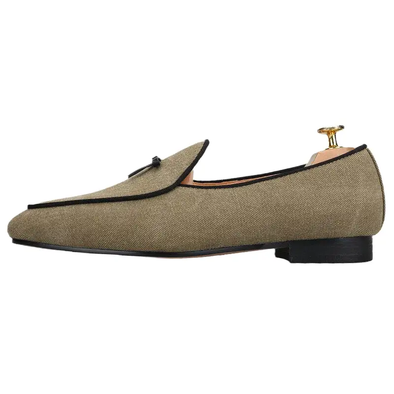 Three Colors Raw Cotton Canvas Belgian Loafers With Calfskin Flat Bows Handmade Slip-On Classic