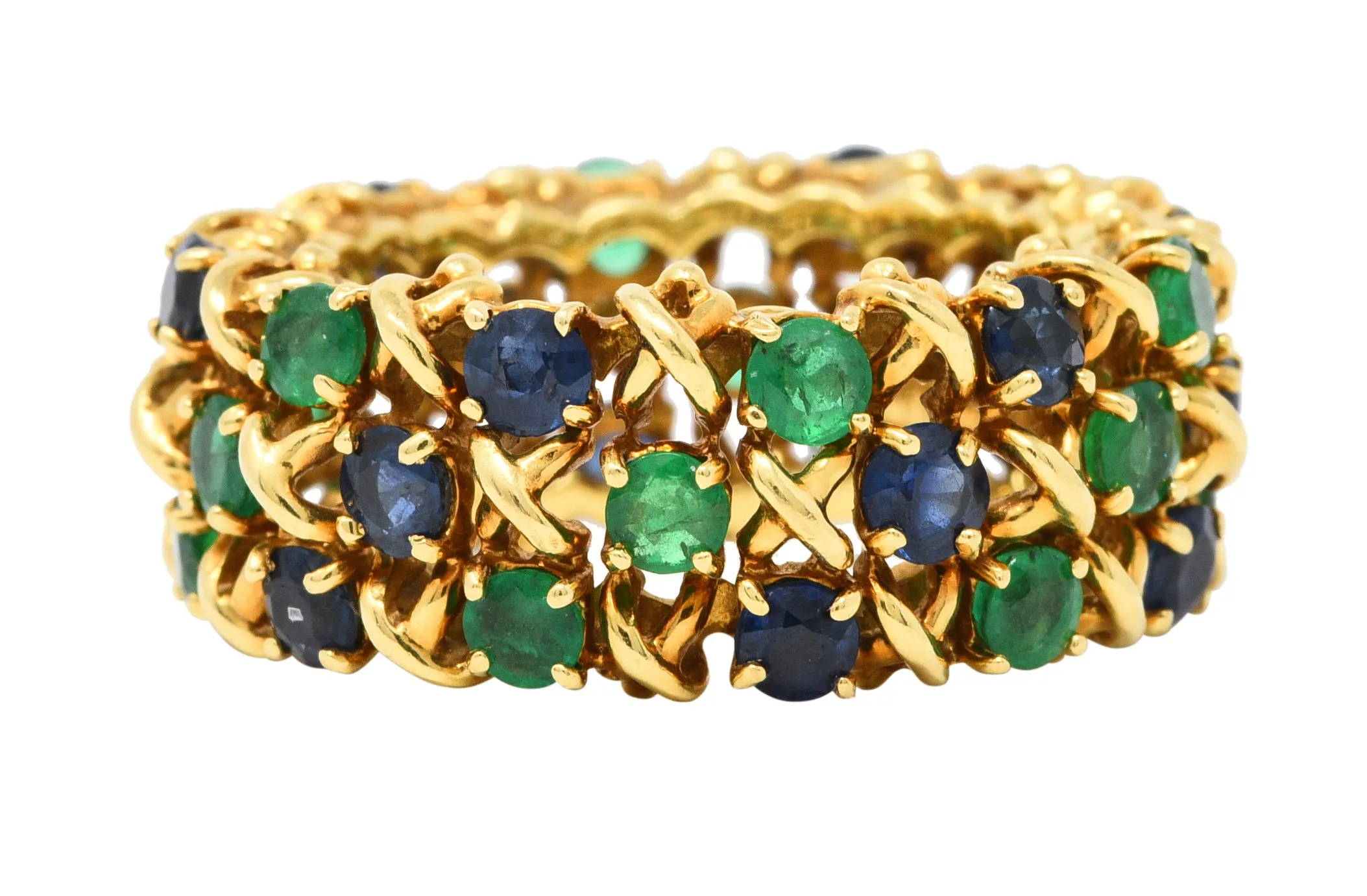 Tiffany & Co. 4.70 CTW Emerald Sapphire 18 Karat Gold Woven X Band Ring