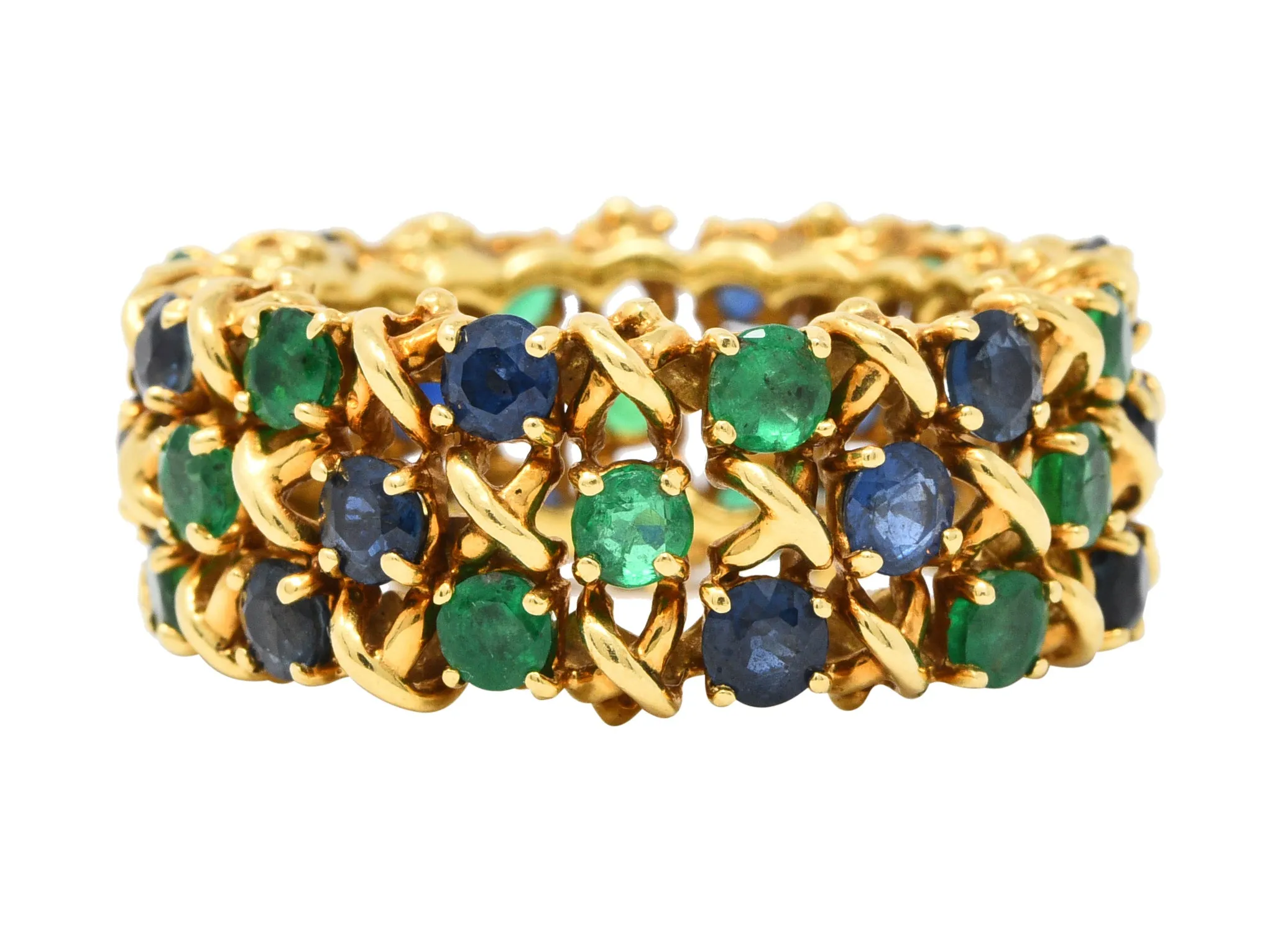 Tiffany & Co. 4.70 CTW Emerald Sapphire 18 Karat Gold Woven X Band Ring