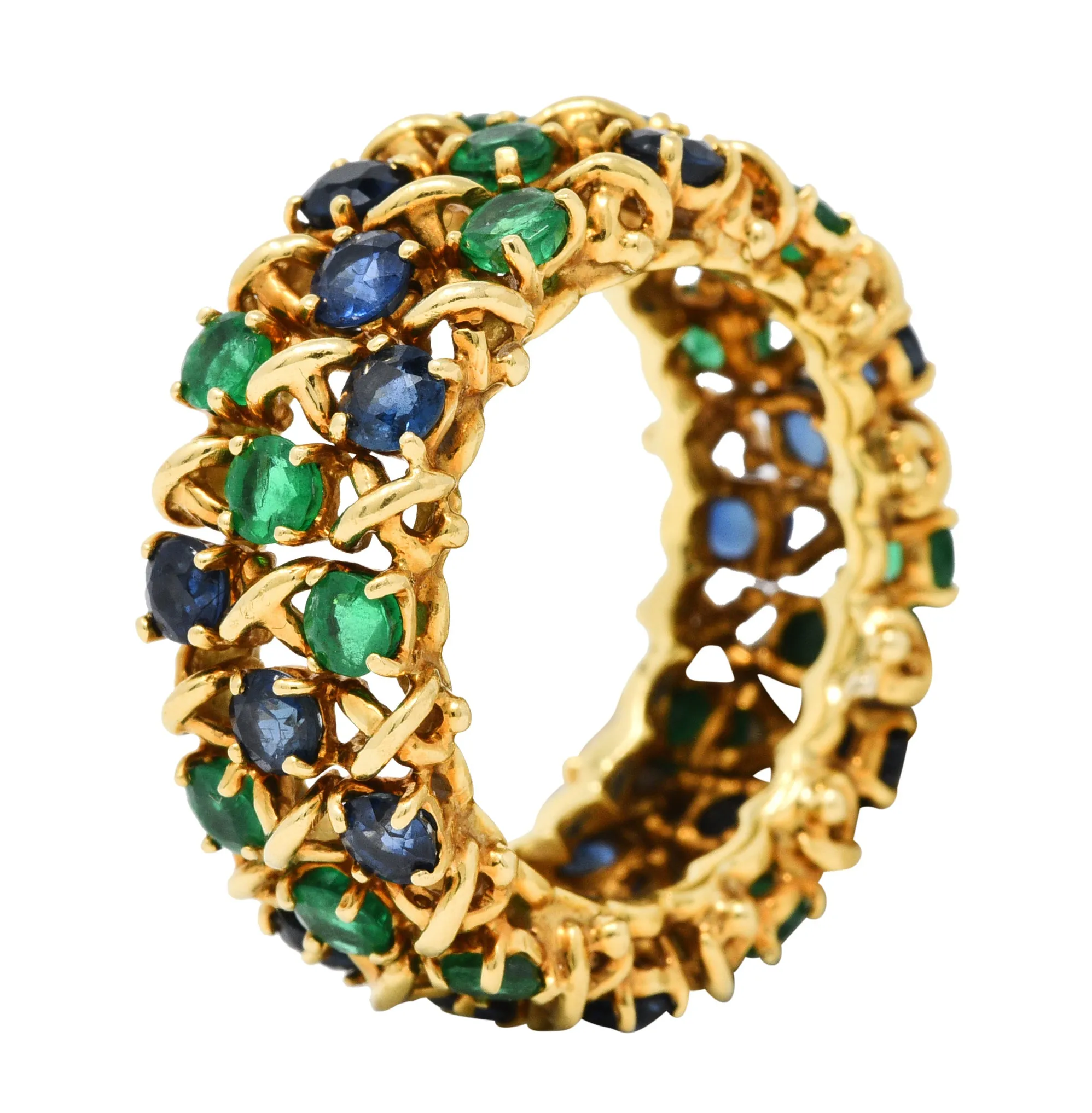 Tiffany & Co. 4.70 CTW Emerald Sapphire 18 Karat Gold Woven X Band Ring