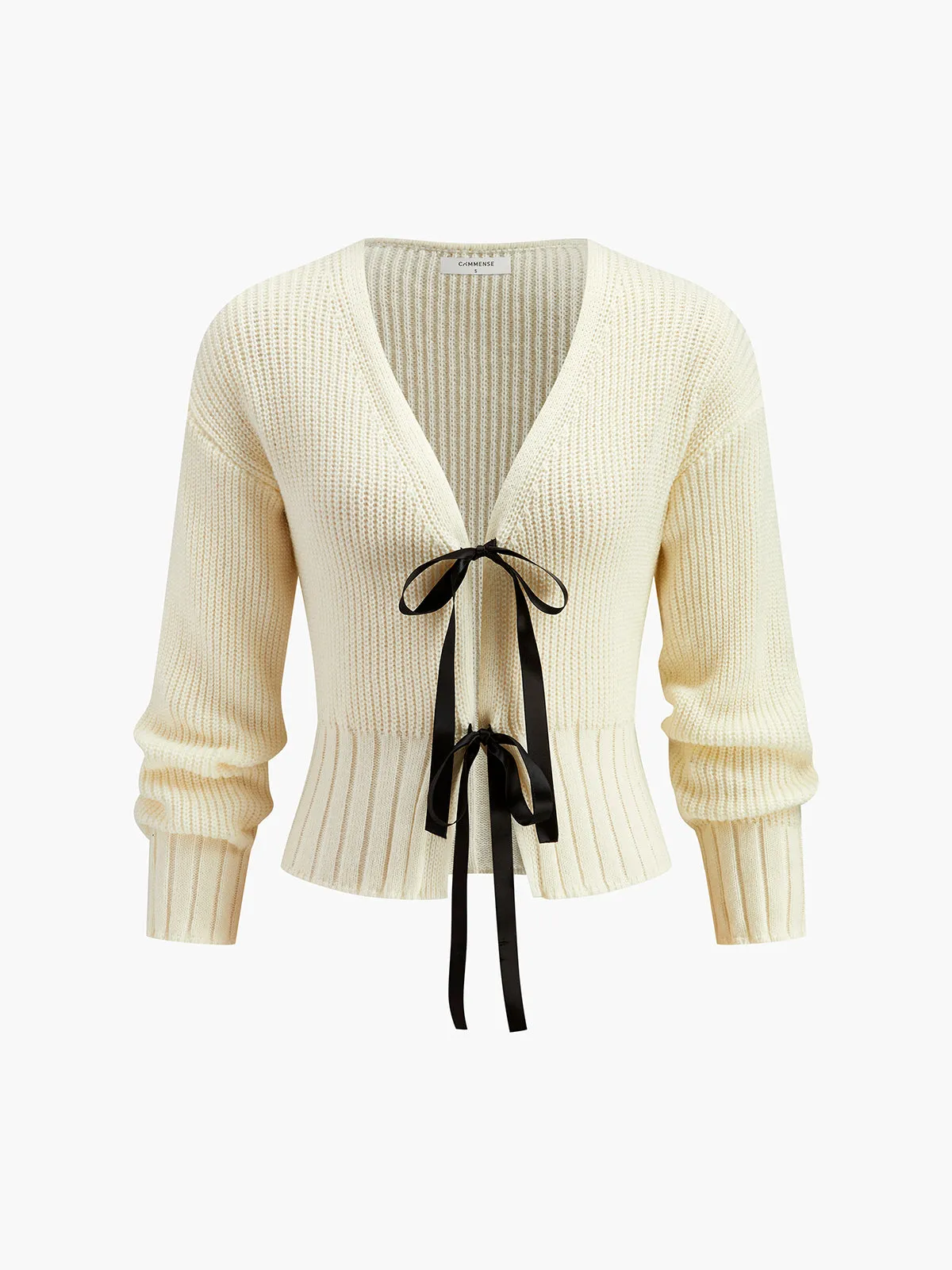 V-Neck Bow Ribbed Cardigan