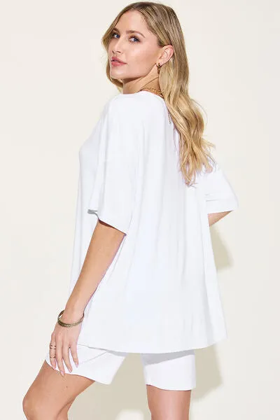 V-Neck Drop Shoulder Short Sleeve T-Shirt and Shorts Set