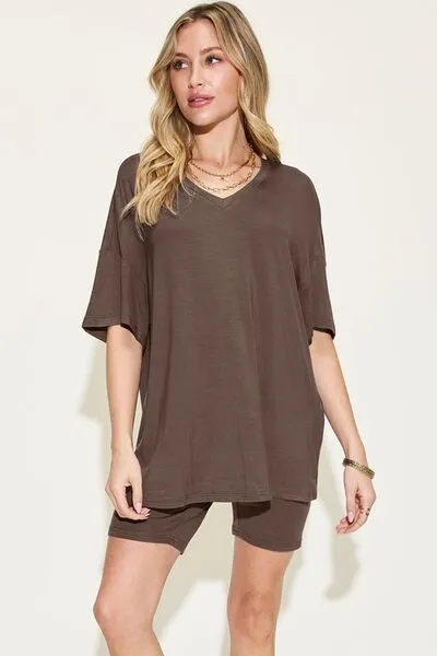 V-Neck Drop Shoulder Short Sleeve T-Shirt and Shorts Set