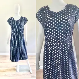 Vintage 1950s Plus Size Navy Eyelet Cotton Dress / 50s Retro Navy and Periwinkle Wiggle Dress / Size 2X