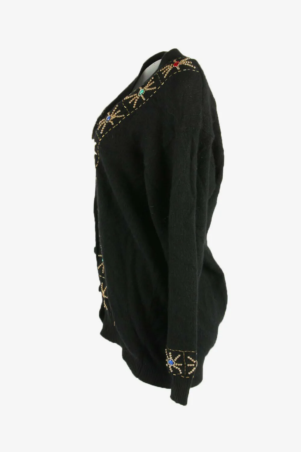 Vintage Cardigan Beaded Long Sleeve V Neck Winter Retro Black Size L - Pepper Tree London