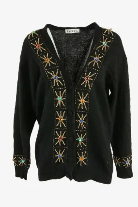 Vintage Cardigan Beaded Long Sleeve V Neck Winter Retro Black Size L - Pepper Tree London