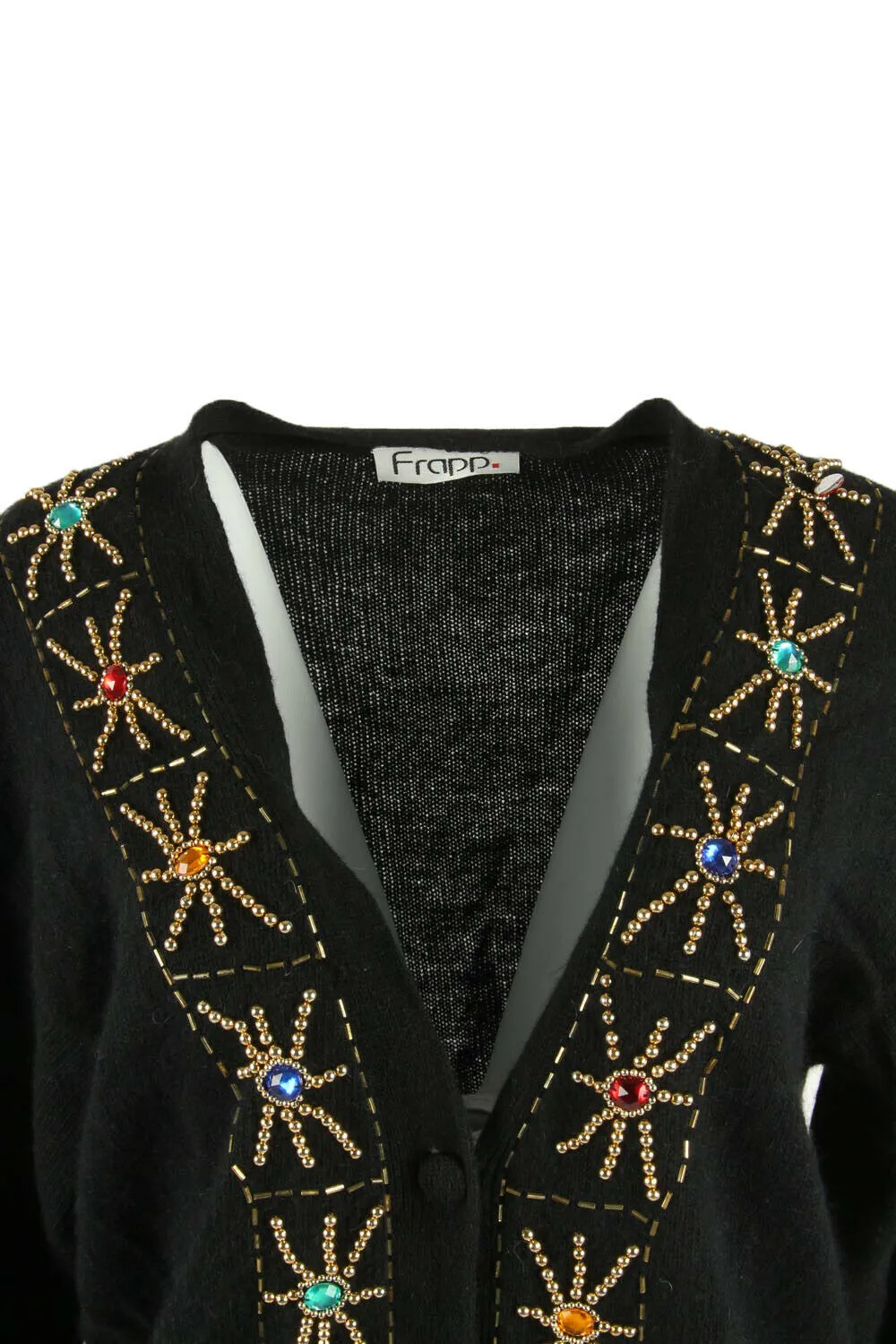 Vintage Cardigan Beaded Long Sleeve V Neck Winter Retro Black Size L - Pepper Tree London