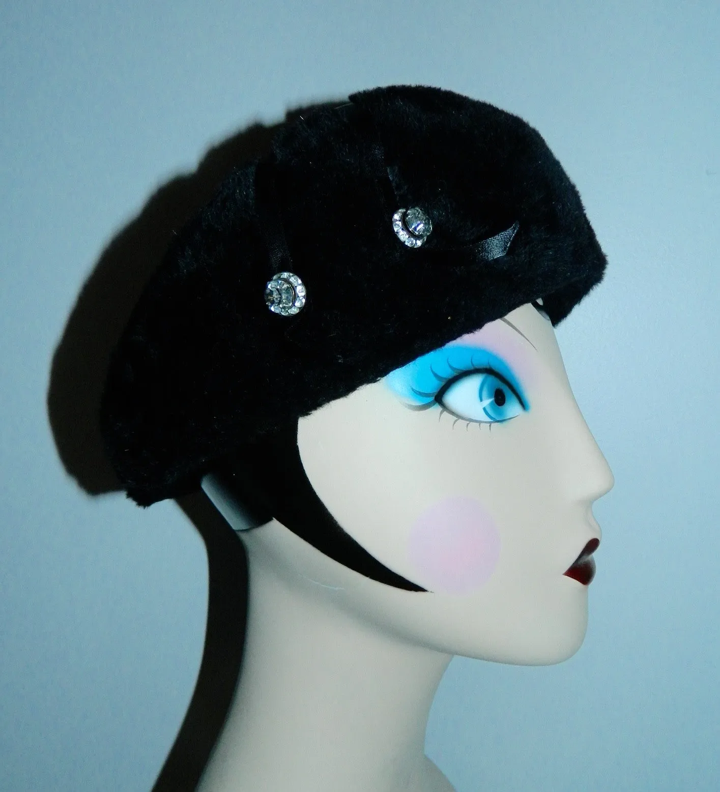 vintage SCHIAPARELLI hat / black wool 1950s pillbox fur halo hat in box receipt original tag