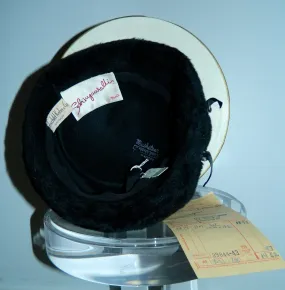 vintage SCHIAPARELLI hat / black wool 1950s pillbox fur halo hat in box receipt original tag