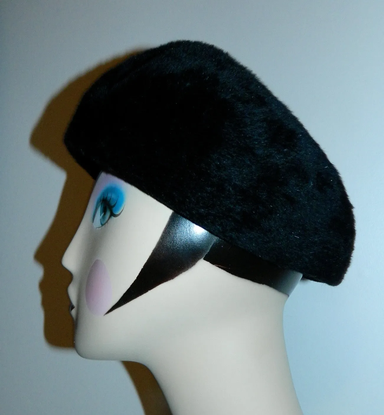 vintage SCHIAPARELLI hat / black wool 1950s pillbox fur halo hat in box receipt original tag