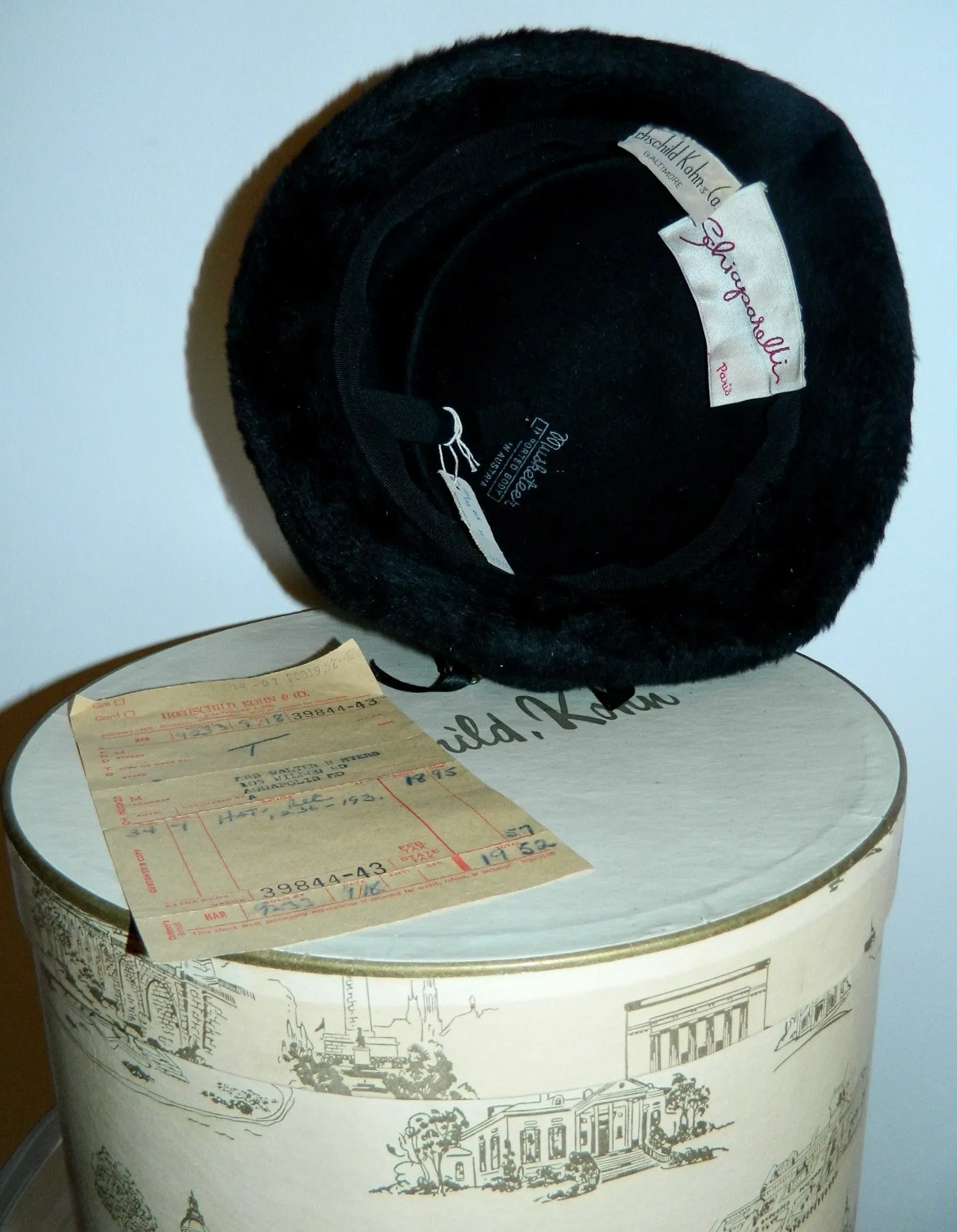 vintage SCHIAPARELLI hat / black wool 1950s pillbox fur halo hat in box receipt original tag