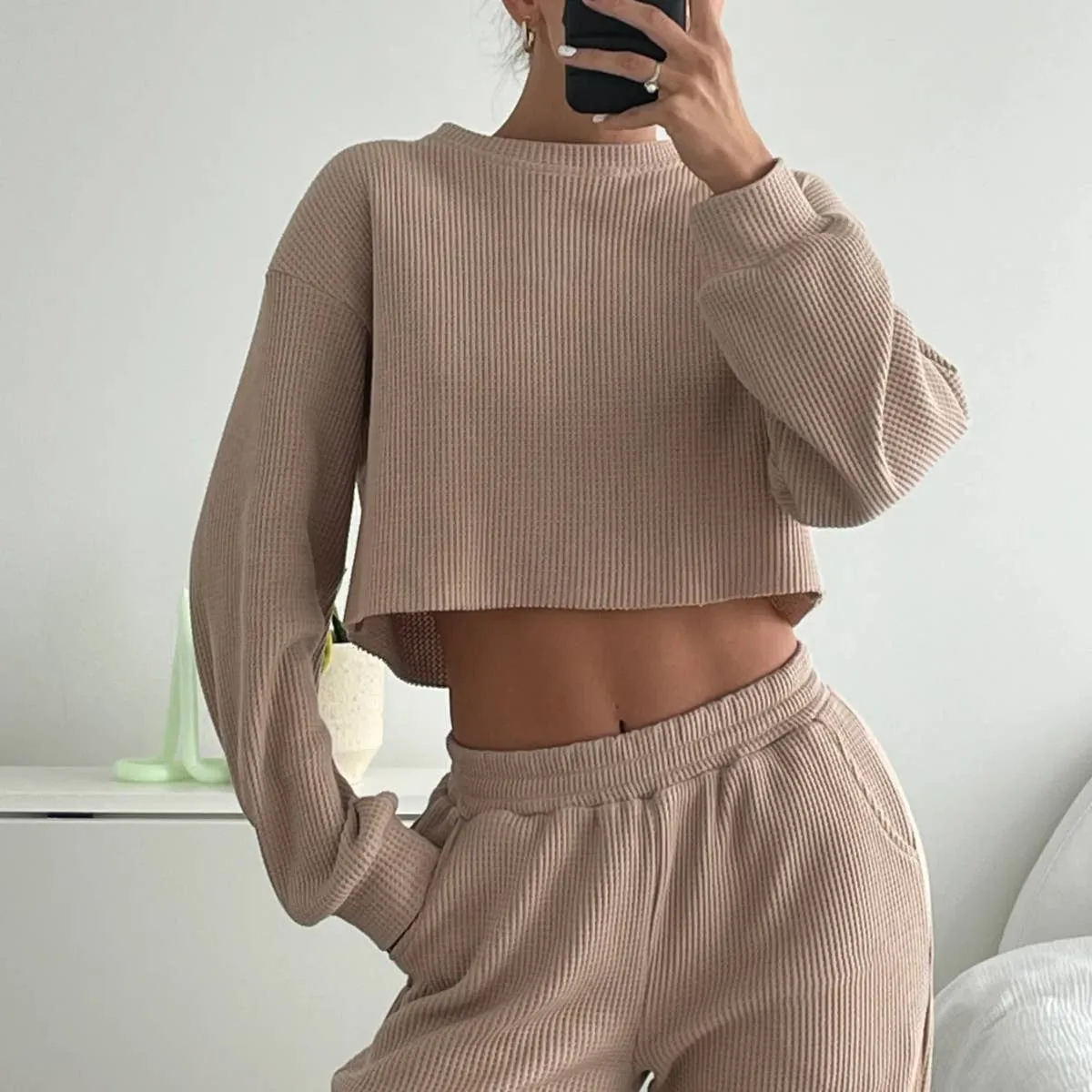 Waffle long sleeve crop top wide leg pant 2 piece set