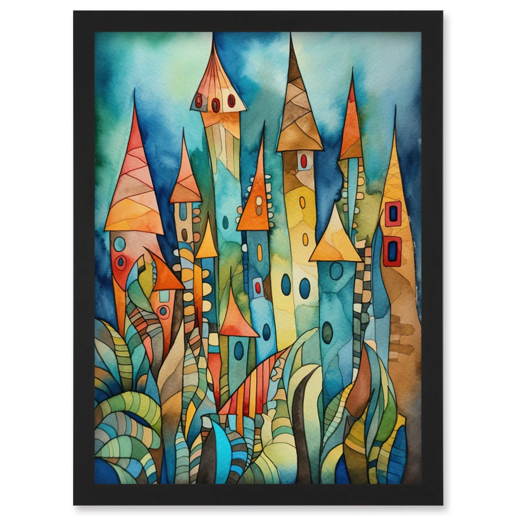 Wall Art & Pictures | Aquatic Castle Landscape Folk Art Watercolour Painting Artwork Framed Wall Art Print A4 | Artery8