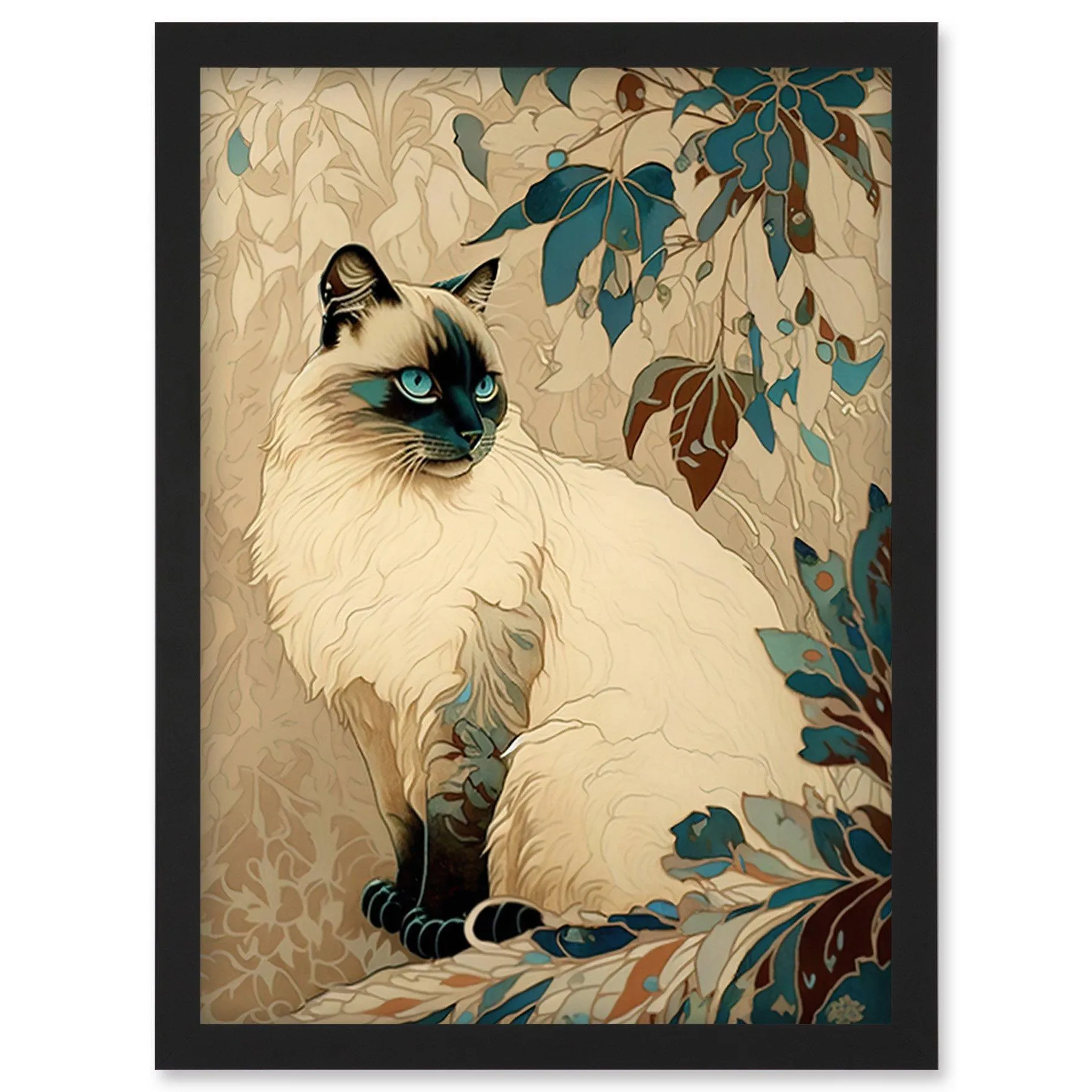 Wall Art & Pictures | Blue Point Ragdoll Cat and Plant Pattern Art Nouveau Modern Illustration Artwork Framed Wall Art Print