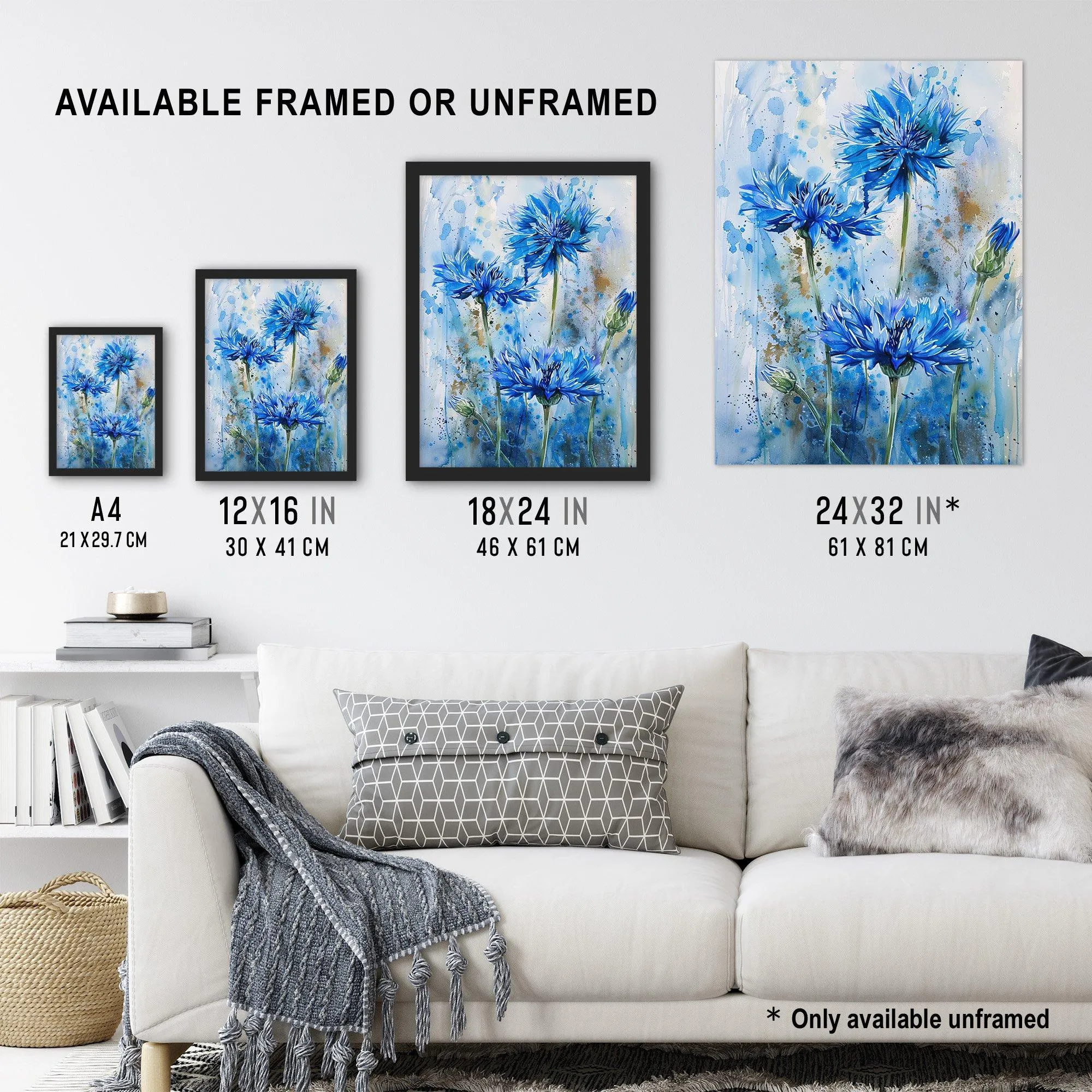 Wall Art & Pictures | Cornflowers Blue Flower Watercolour Painting Framed Art Print | Artery8