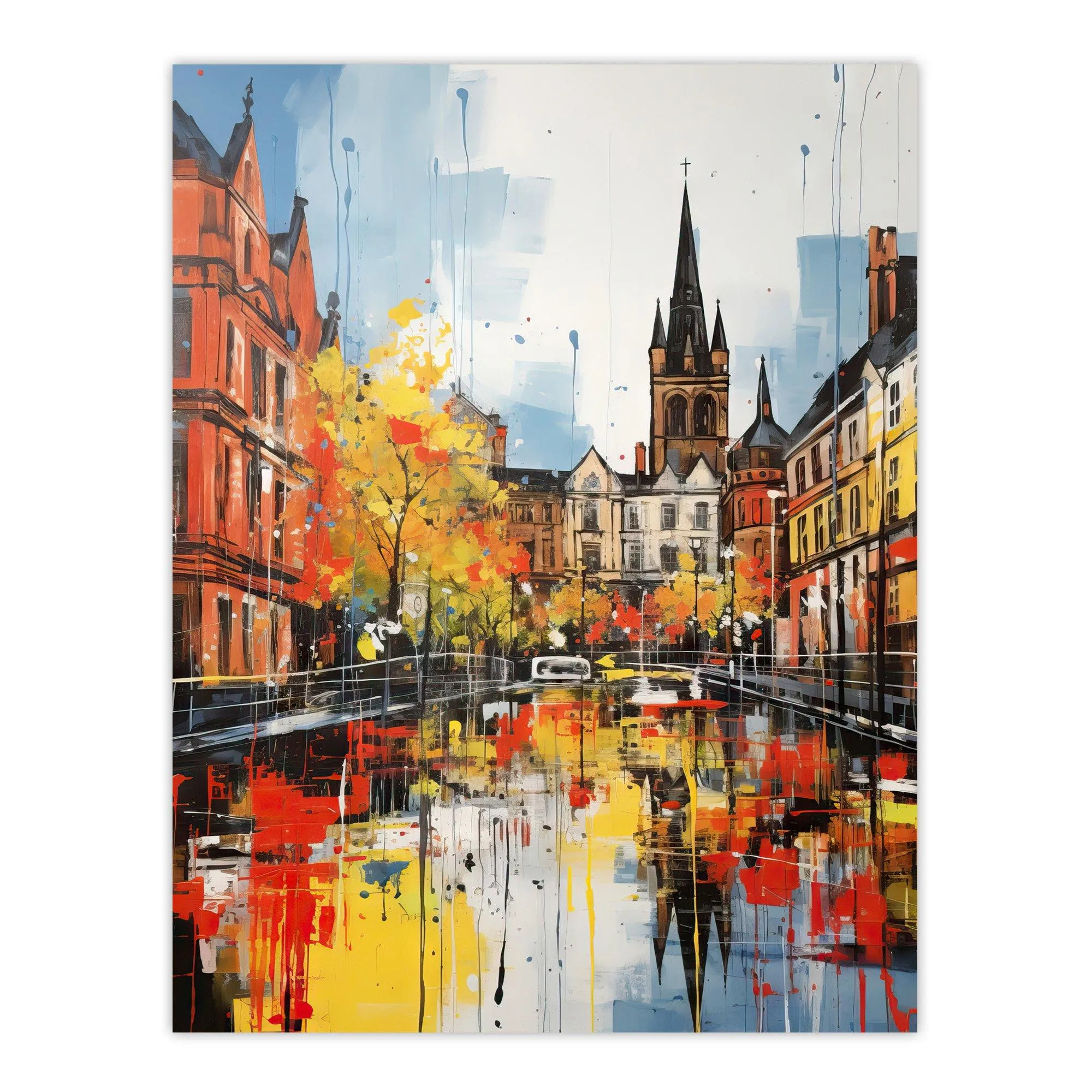 Wall Art & Pictures | Glasgow Cityscape Vibrant Oil Painting Red Yellow Autumn In Scotland Extra Large XL Unframed Wall Art 