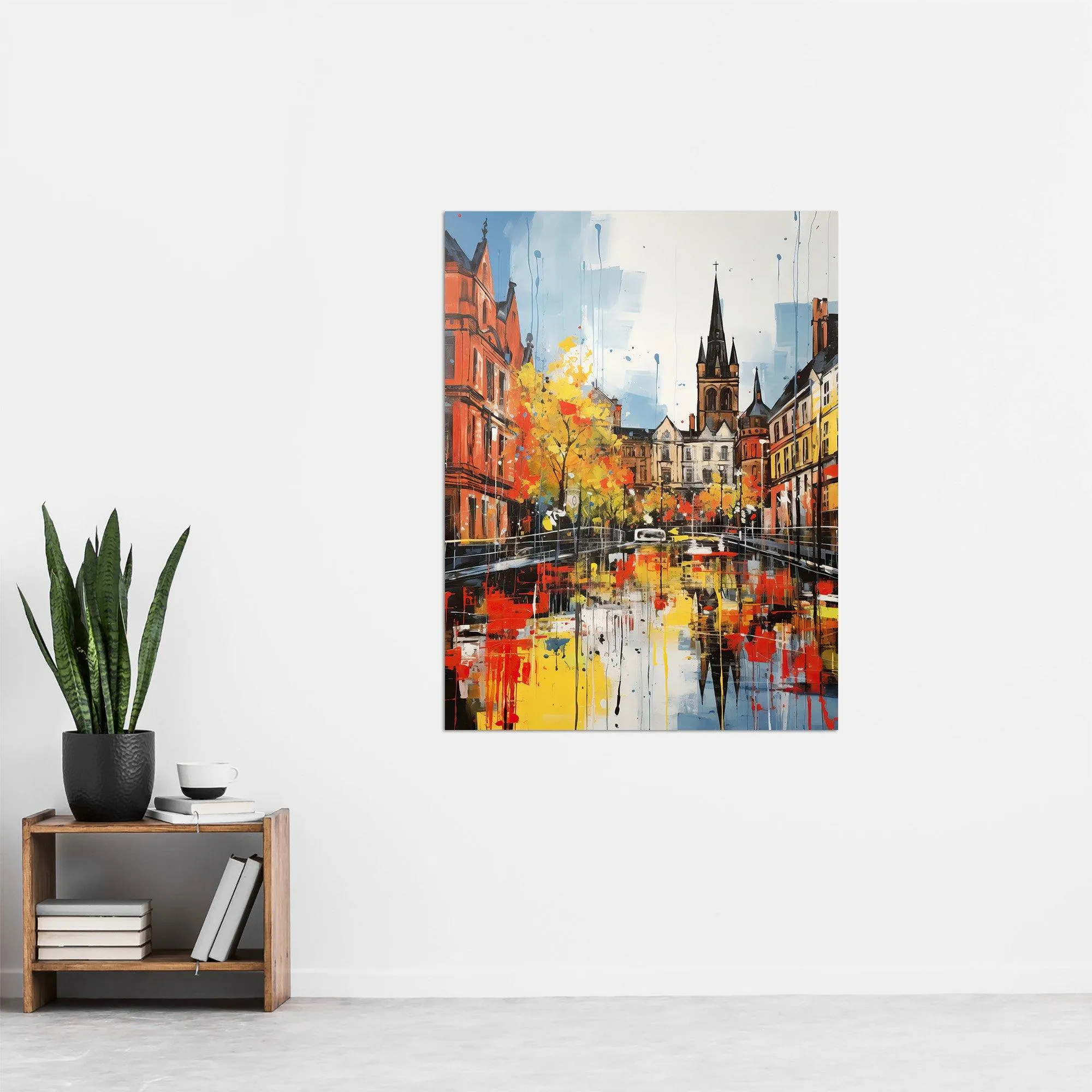 Wall Art & Pictures | Glasgow Cityscape Vibrant Oil Painting Red Yellow Autumn In Scotland Extra Large XL Unframed Wall Art 