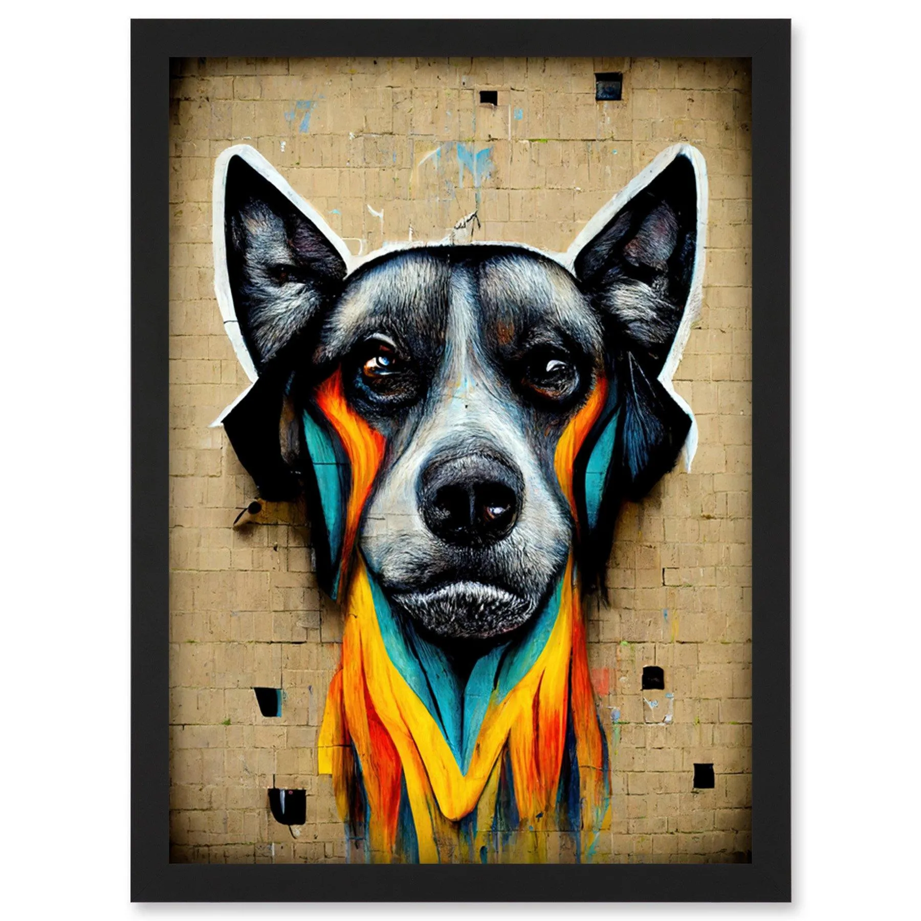 Wall Art & Pictures | Graffiti Street Art Dog Mural Yellow Orange Teal Artwork Framed Wall Art Print A4 | Artery8