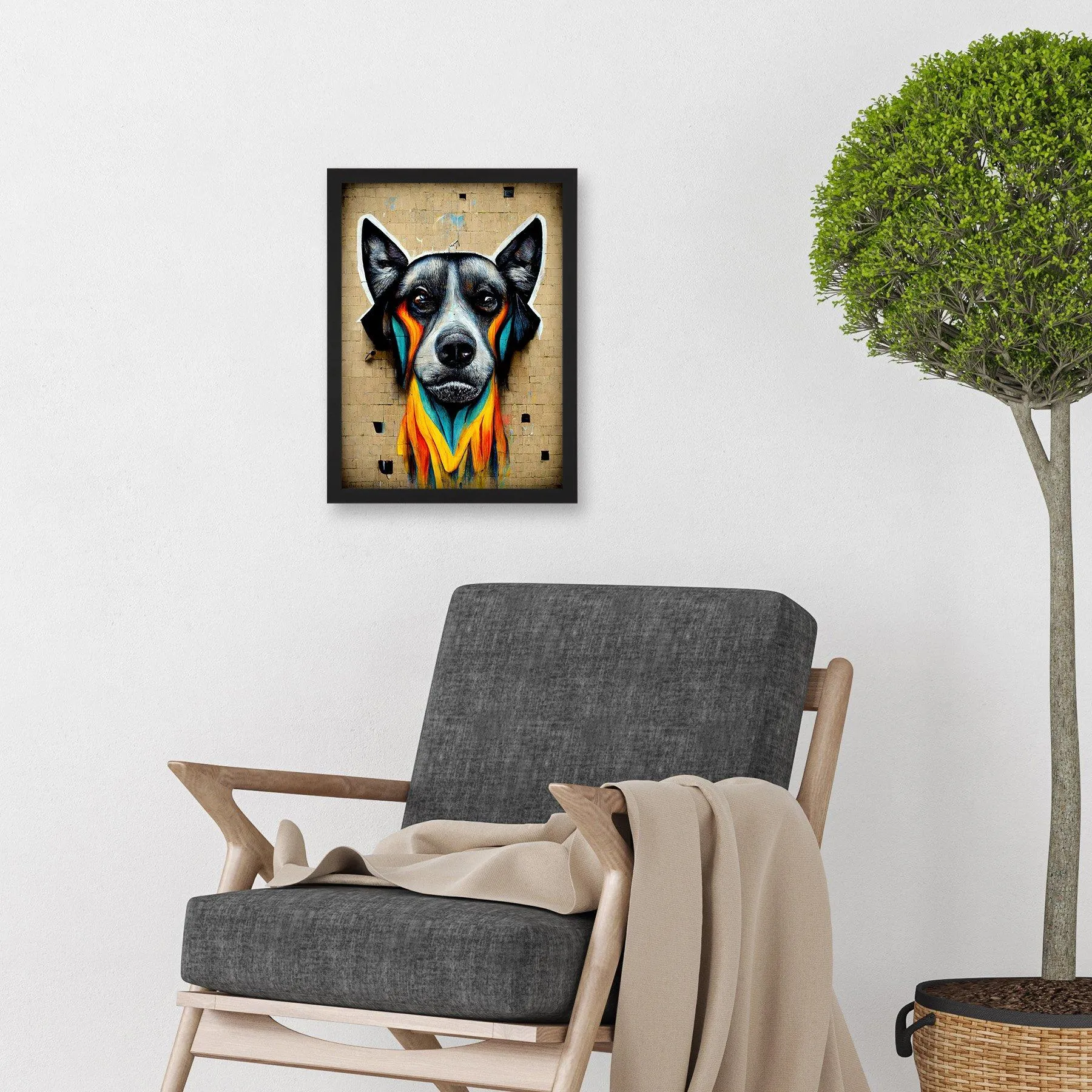 Wall Art & Pictures | Graffiti Street Art Dog Mural Yellow Orange Teal Artwork Framed Wall Art Print A4 | Artery8