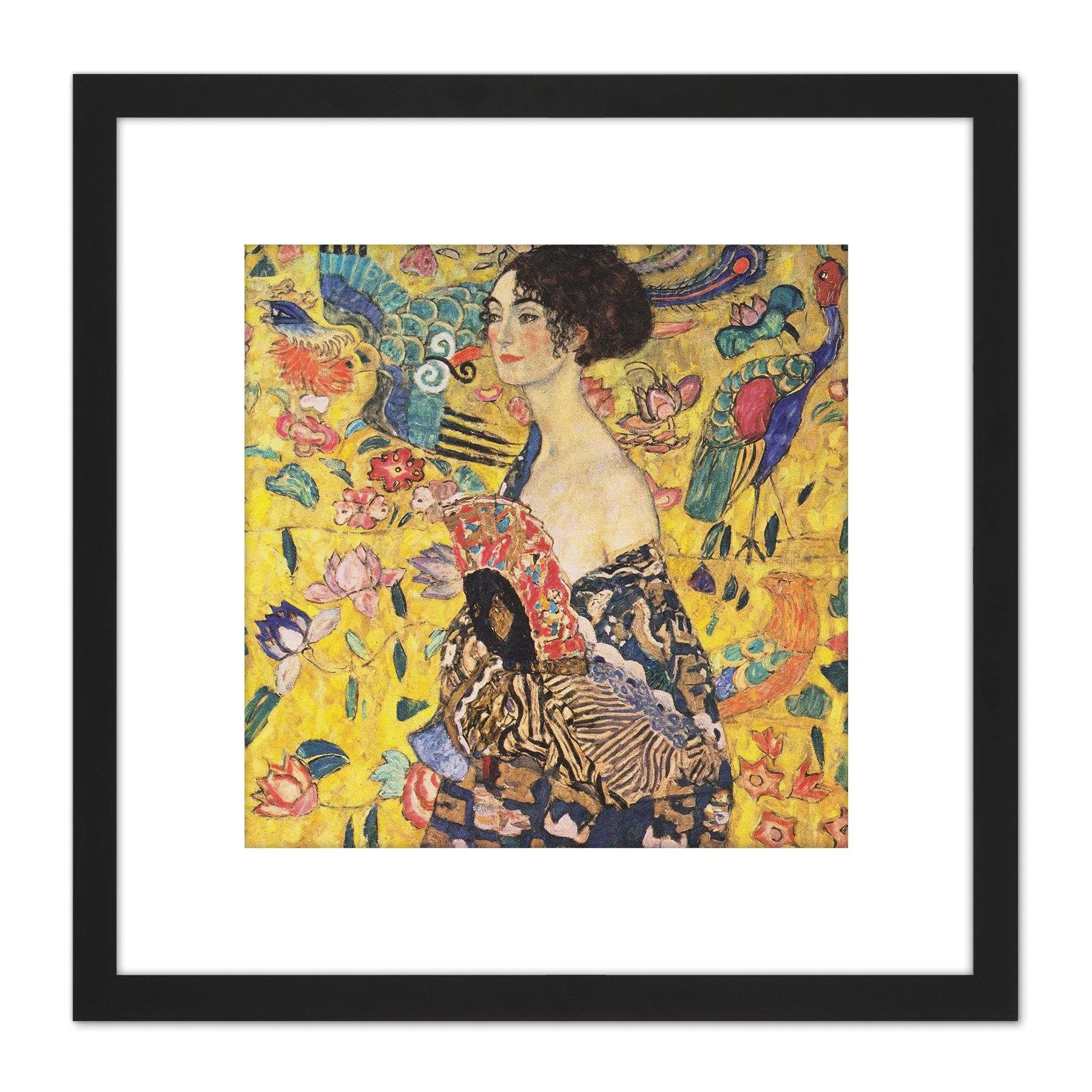 Wall Art & Pictures | Klimt Lady With Fan Painting 8X8 Inch Square Wooden Framed Wall Art Print Picture with Mount | Artery8