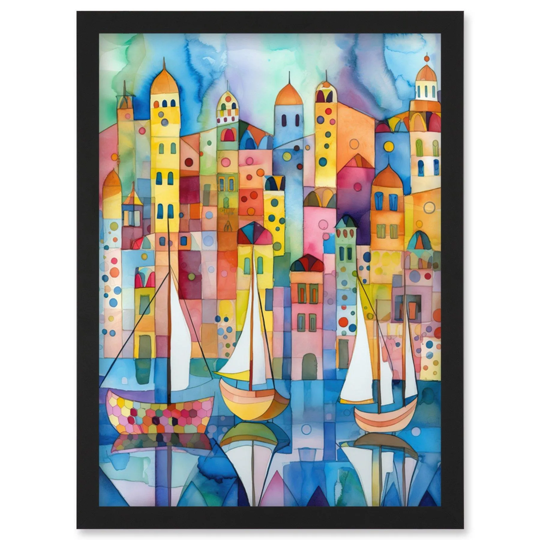 Wall Art & Pictures | Modern Marina Colourful Cityscape Pattern Folk Art Watercolour Painting Artwork Framed Wall Art Print 