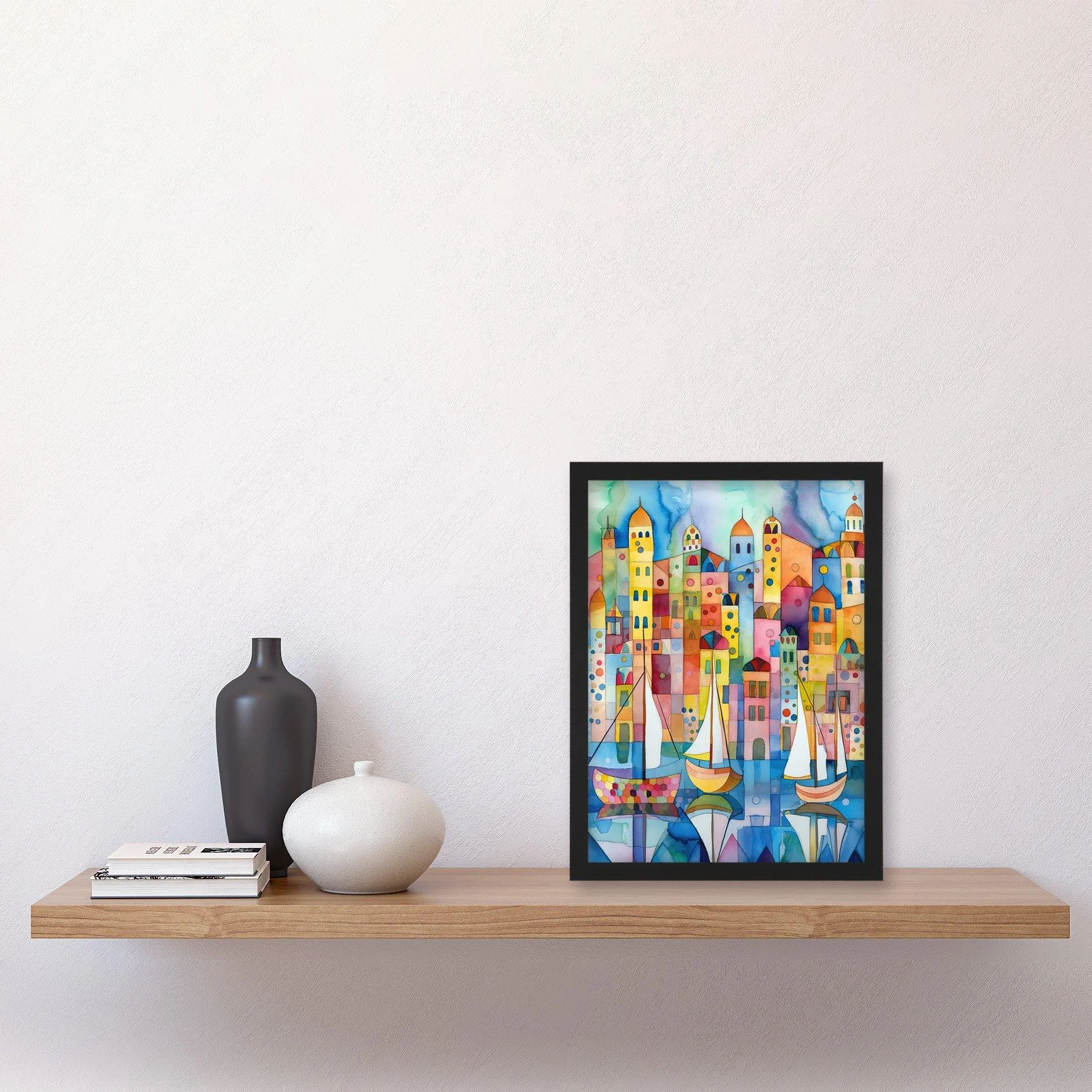 Wall Art & Pictures | Modern Marina Colourful Cityscape Pattern Folk Art Watercolour Painting Artwork Framed Wall Art Print 