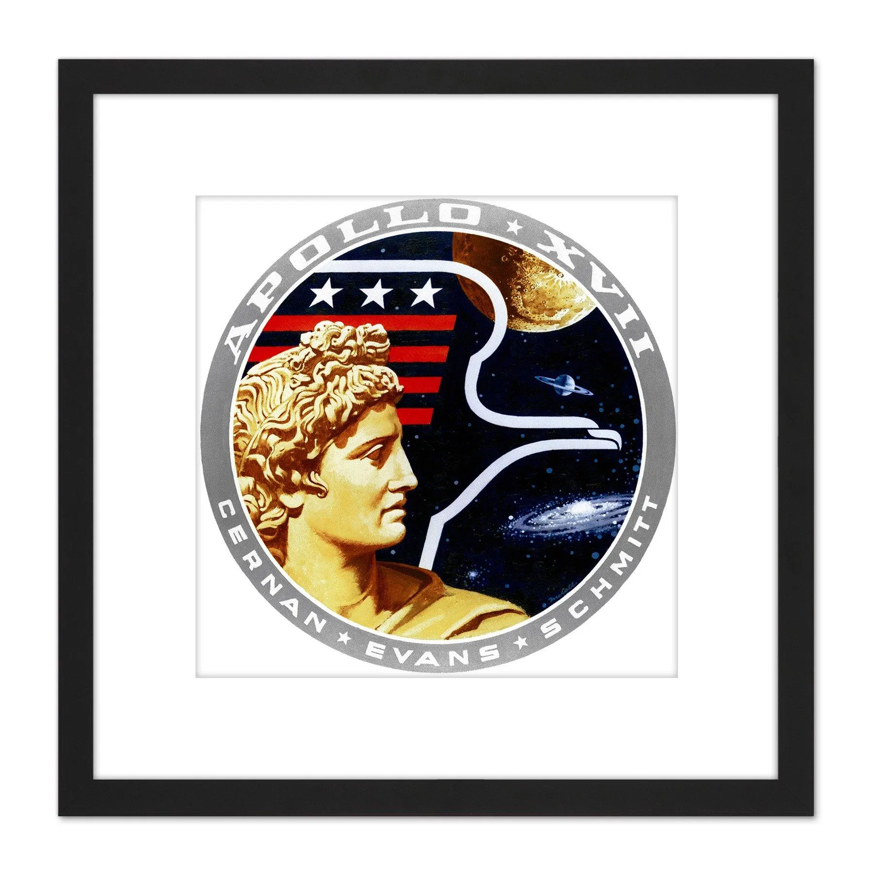 Wall Art & Pictures | Space NASA Apollo 17 Mission Emblem Badge Patch 8X8 Inch Square Wooden Framed Wall Art Print Picture w