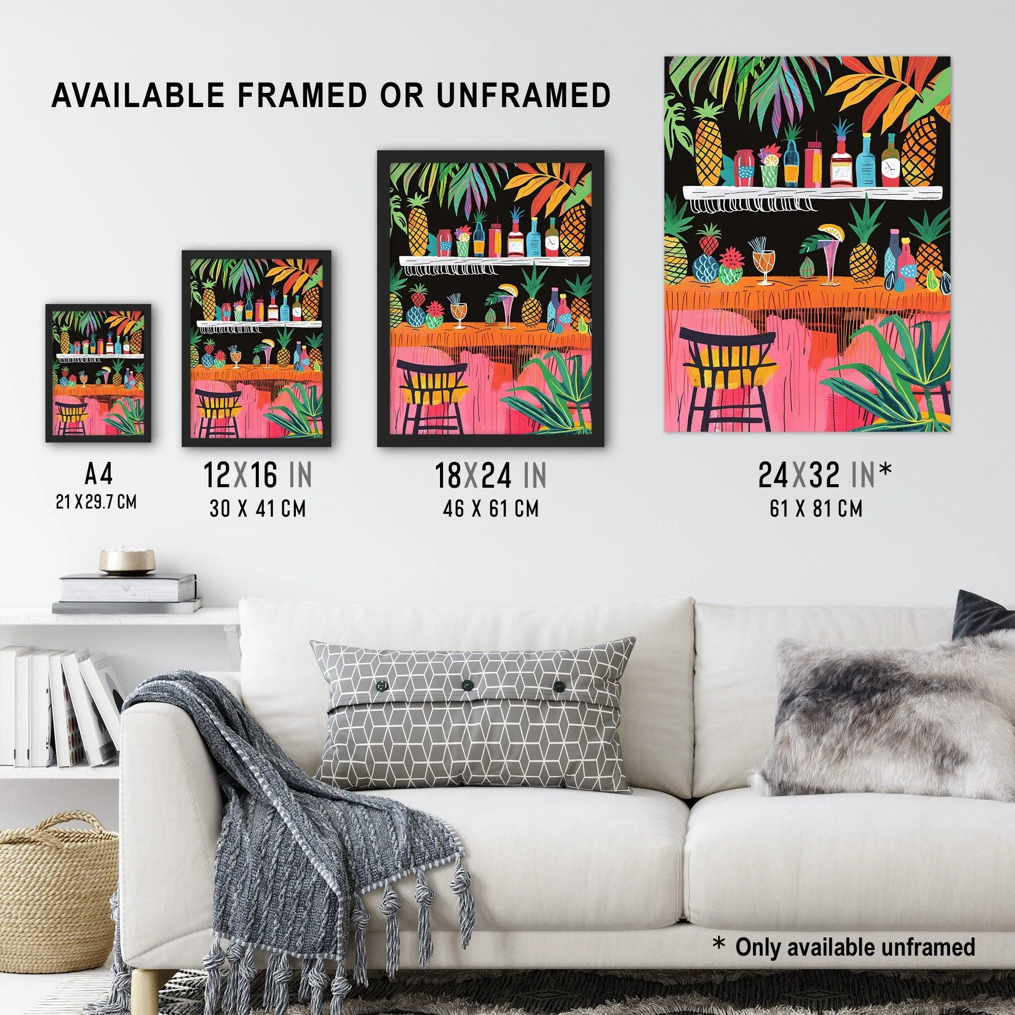 Wall Art & Pictures | Tiki Bar Tropical Pineapples Bold Colourful Framed Art Print | Artery8