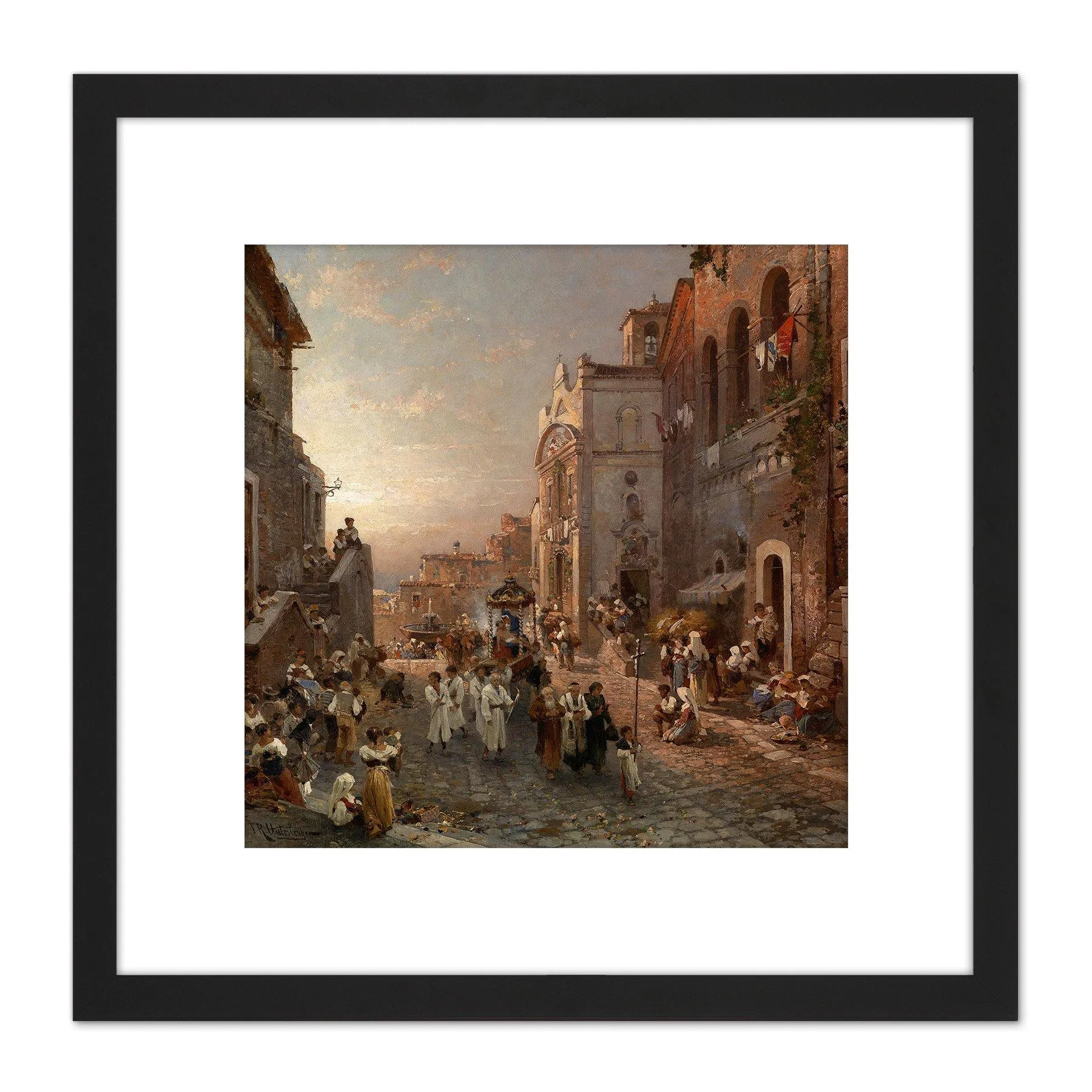 Wall Art & Pictures | Unterberger Procession In Naples Painting 8X8 Inch Square Wooden Framed Wall Art Print Picture with Mo