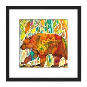 Wall Art & Pictures | Vibrant Bear in Autumn Forest Colourful Orange Watercolour Painting Square Wooden Framed Wall Art Prin