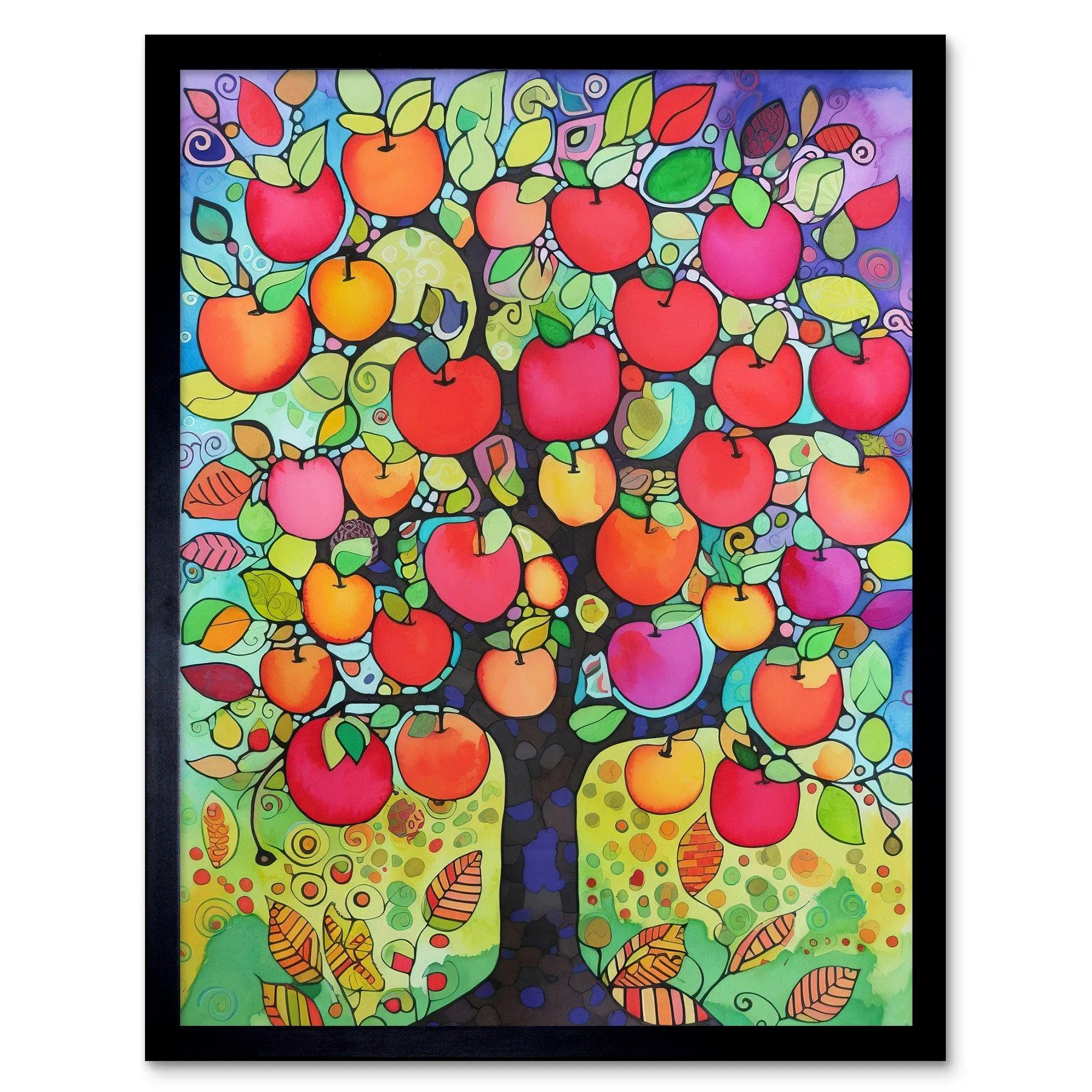 Wall Art & Pictures | Wall Art Print Apple Tree Folk Art Bright Watercolour Painting Art Framed | Artery8