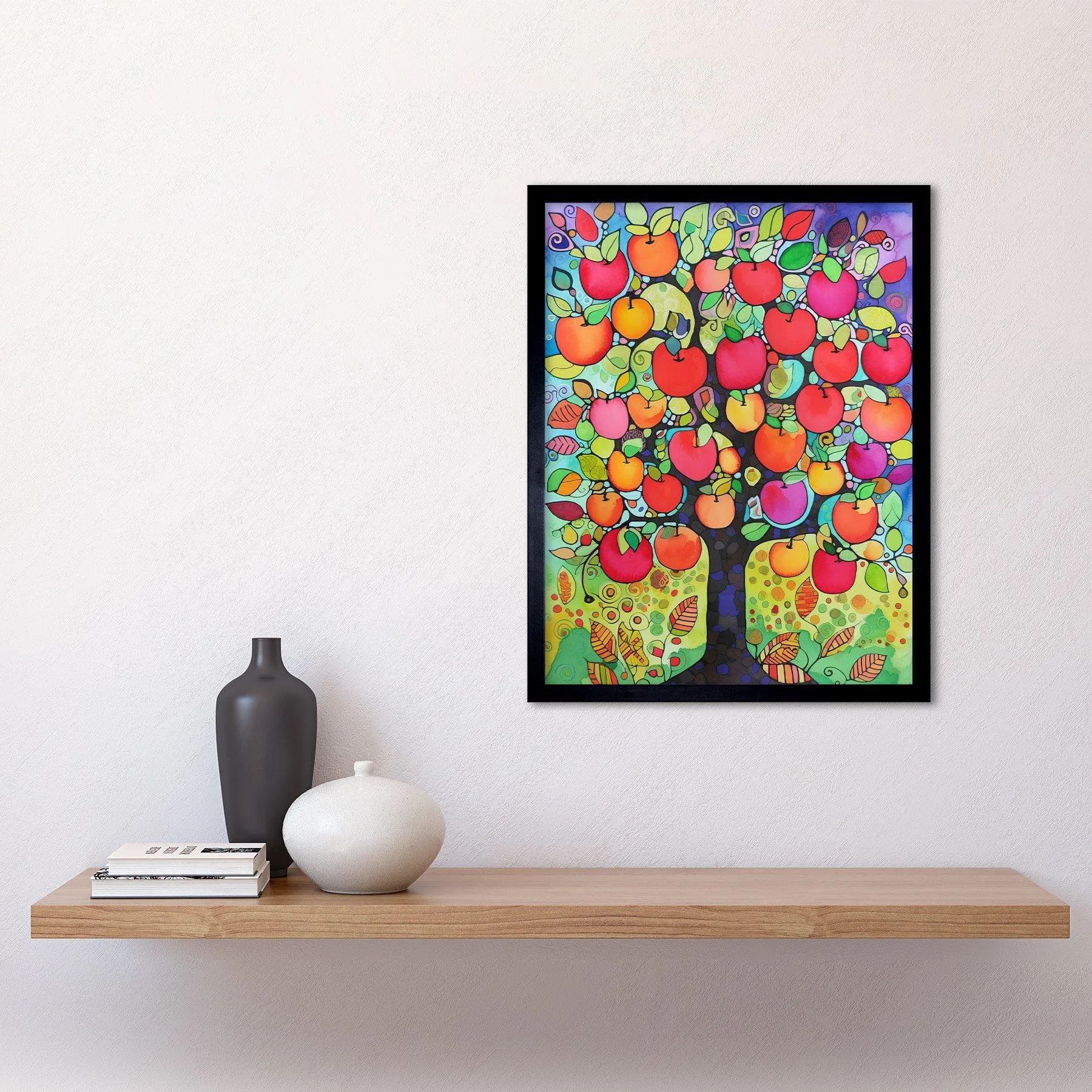 Wall Art & Pictures | Wall Art Print Apple Tree Folk Art Bright Watercolour Painting Art Framed | Artery8