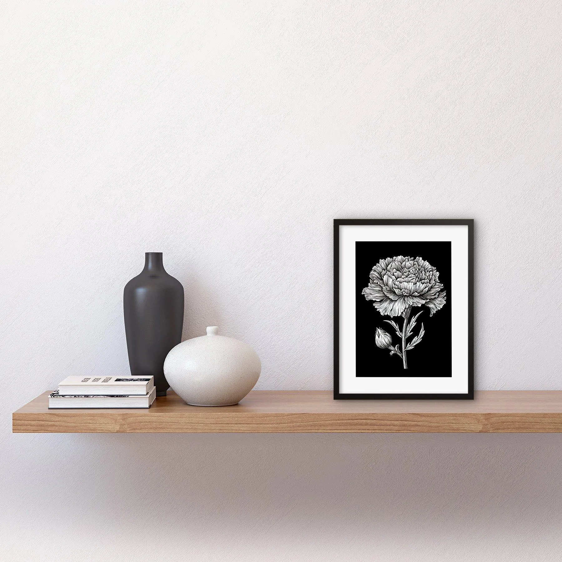 Wall Art & Pictures | Wall Art Print Carnation Flower Black and White Linocut Artwork Framed 9X7 Inch | Artery8