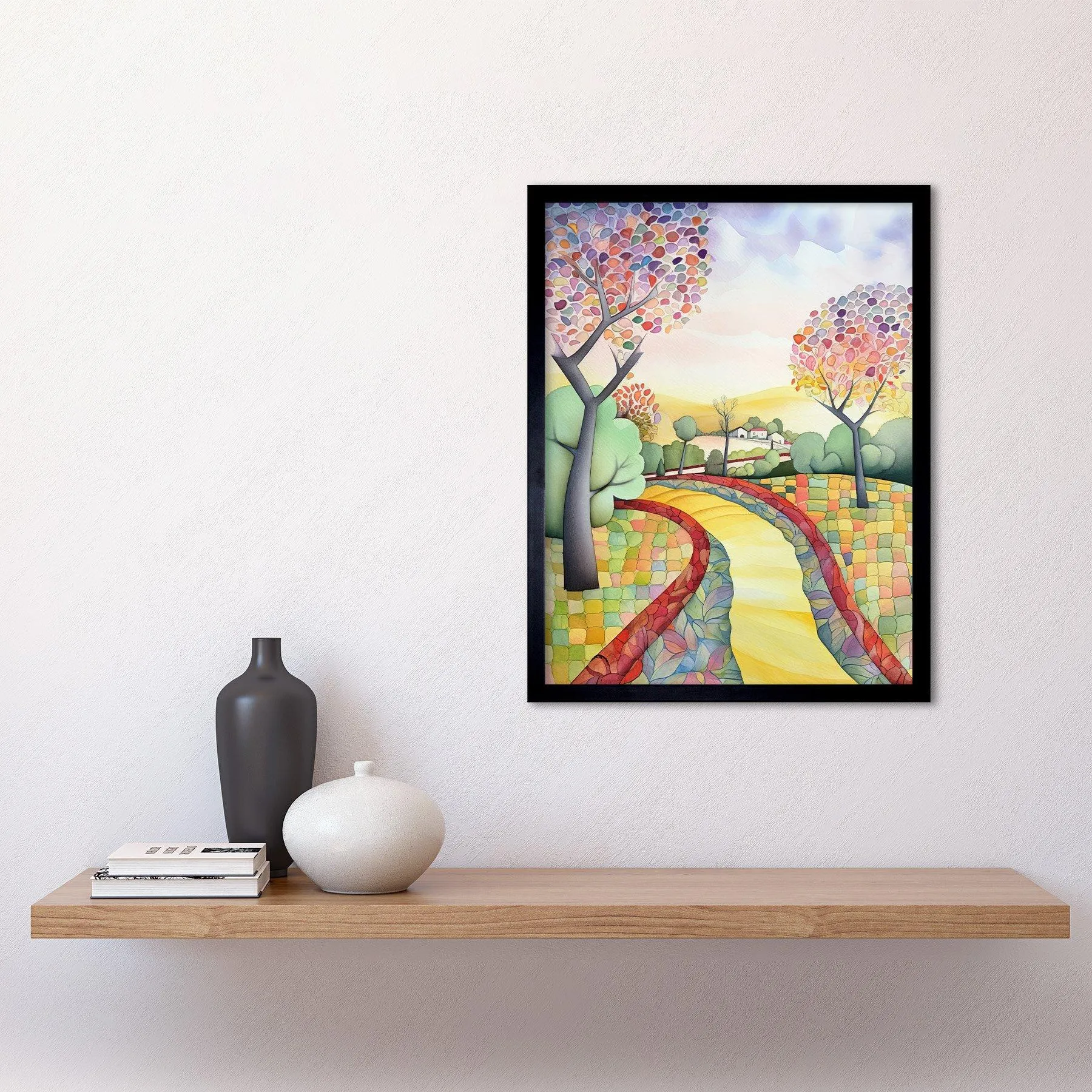 Wall Art & Pictures | Wall Art Print Countryside Path In Autumn Folk Art Landscape Pastel Watercolour Painting Art Framed | 