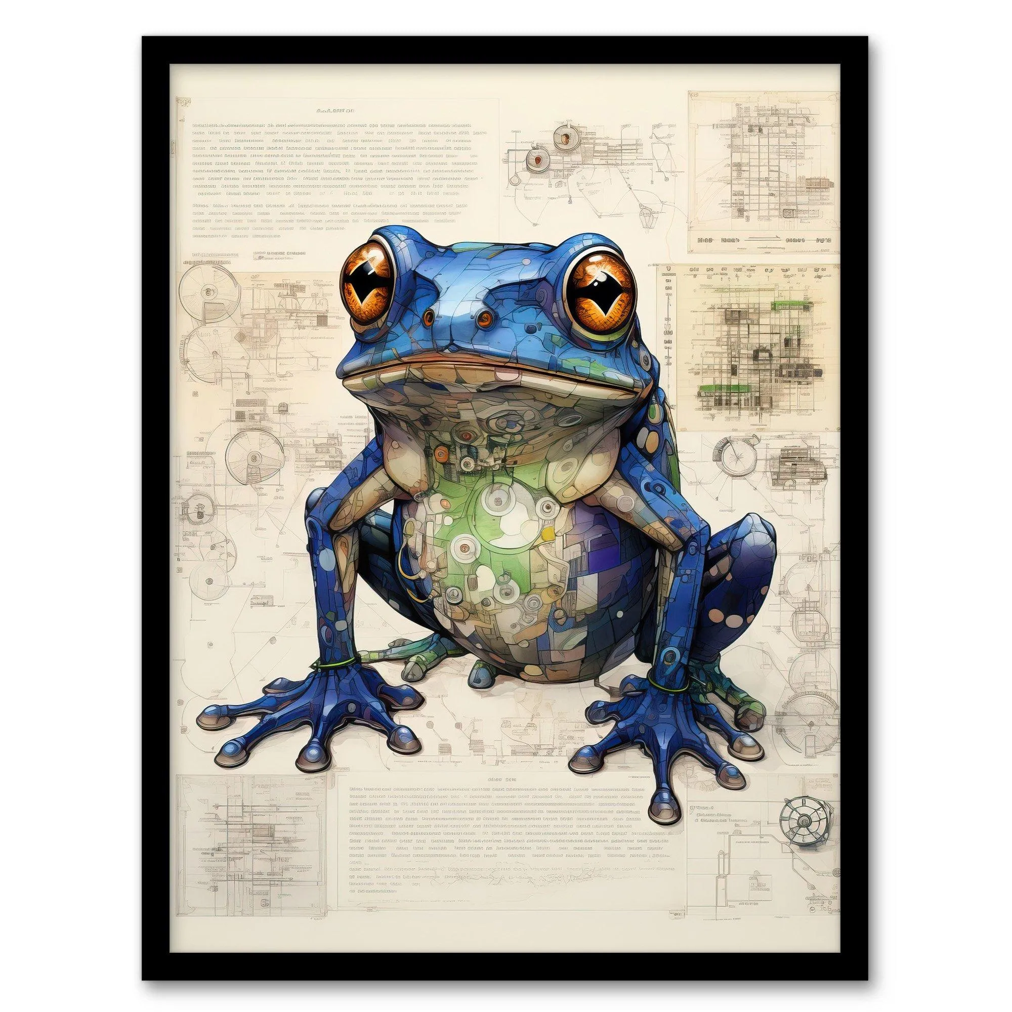 Wall Art & Pictures | Wall Art Print Frog Robot Hybrid Secret Military Schematic Blue Futuristic Complex Arcane Manuscript G