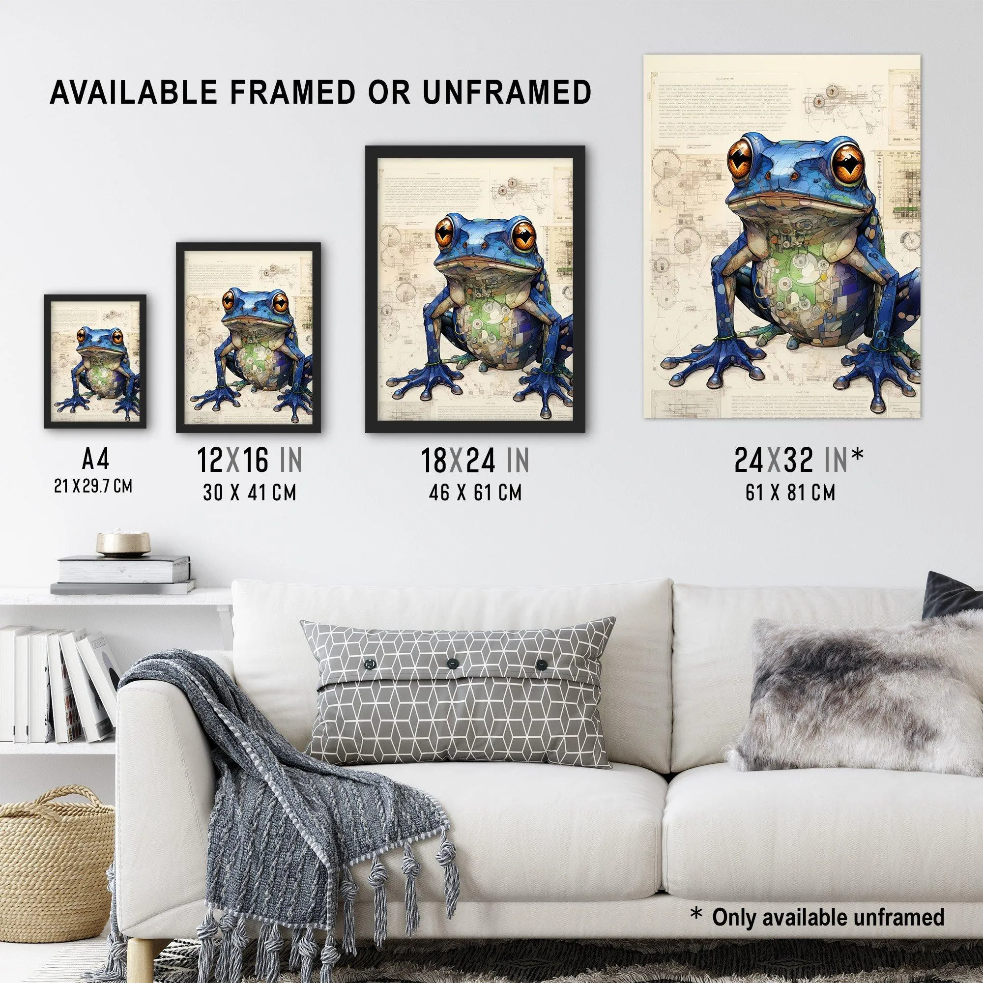 Wall Art & Pictures | Wall Art Print Frog Robot Hybrid Secret Military Schematic Blue Futuristic Complex Arcane Manuscript G