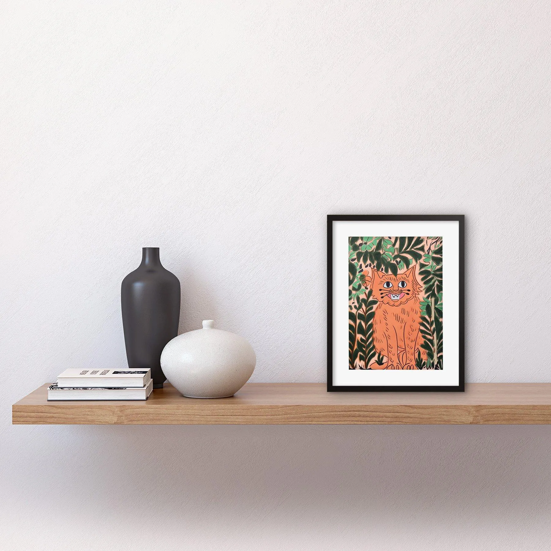 Wall Art & Pictures | Wall Art Print Ginger Orange Tabby Cat in Plants Modern Folk Artwork Framed 9X7 Inch | Artery8