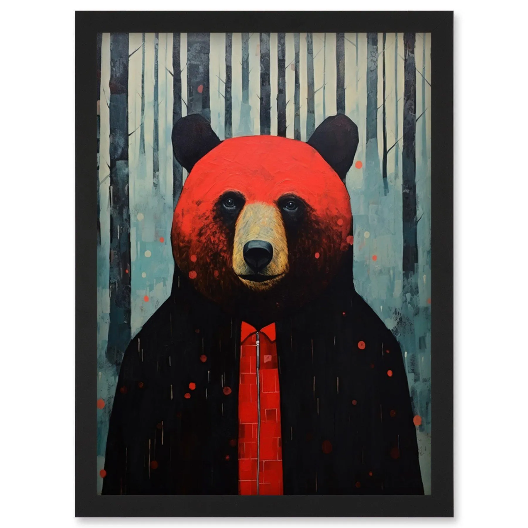 Wall Art & Pictures | Wall Art Print Hipster Red Bear Artwork Oil Painting Black Blue Artwork Forest Trees Artwork Framed A4