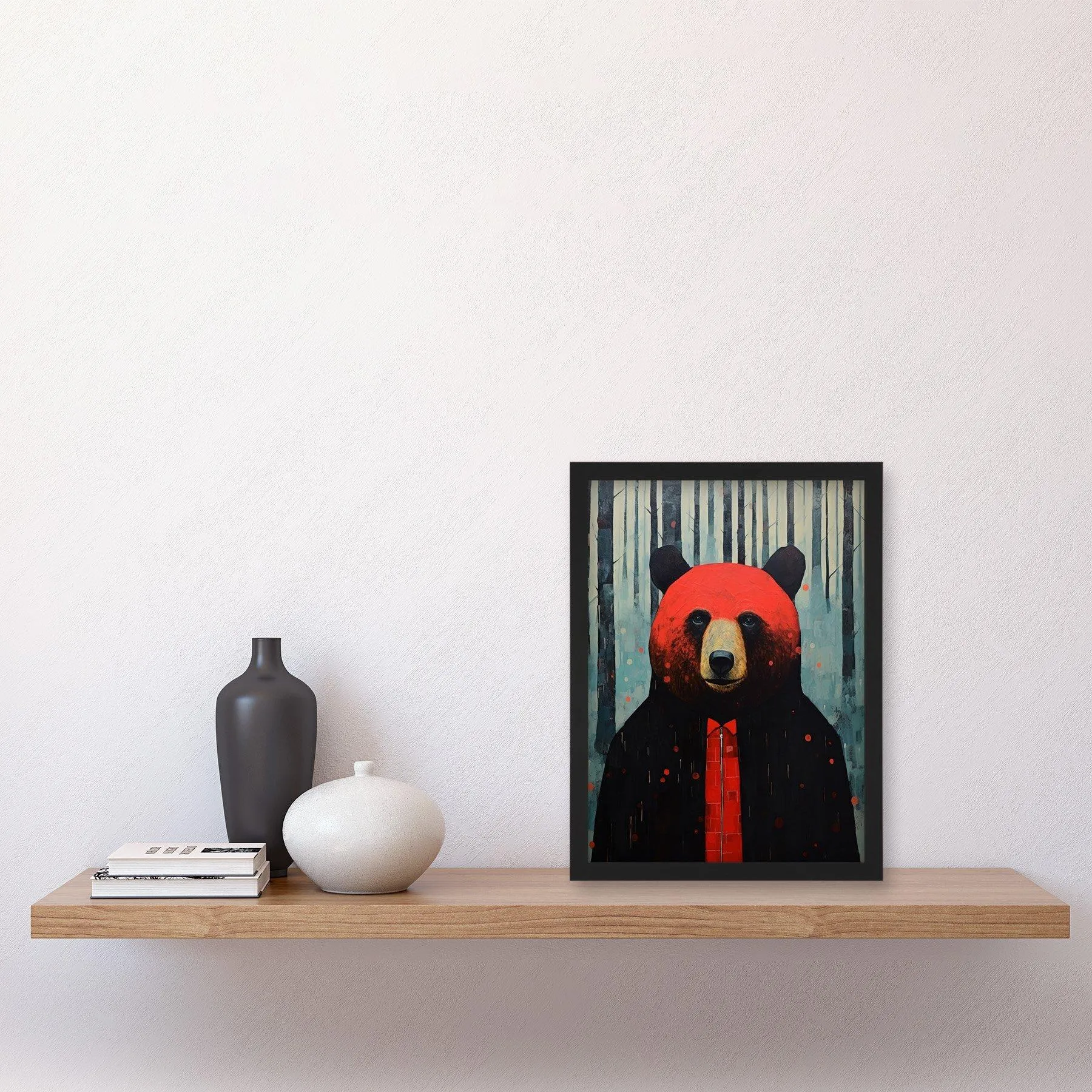 Wall Art & Pictures | Wall Art Print Hipster Red Bear Artwork Oil Painting Black Blue Artwork Forest Trees Artwork Framed A4