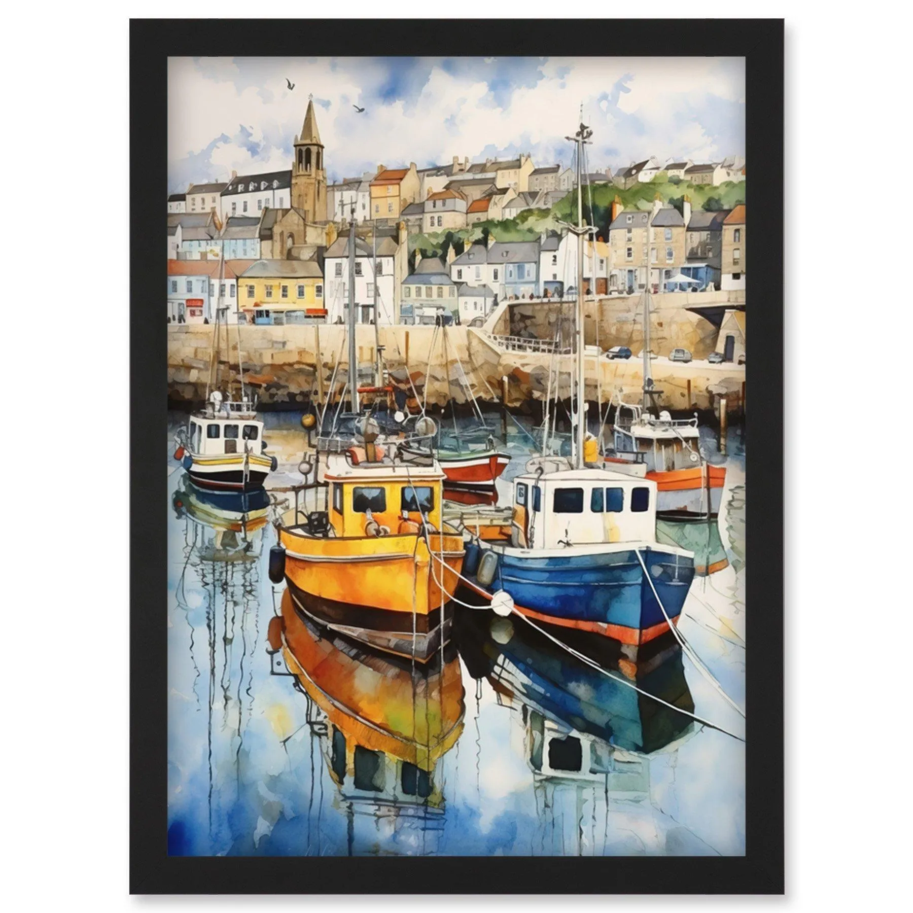 Wall Art & Pictures | Wall Art Print Penzance Harbour Trawler Boats Promenade Watercolour Painting Cornwall Coastal Townscap