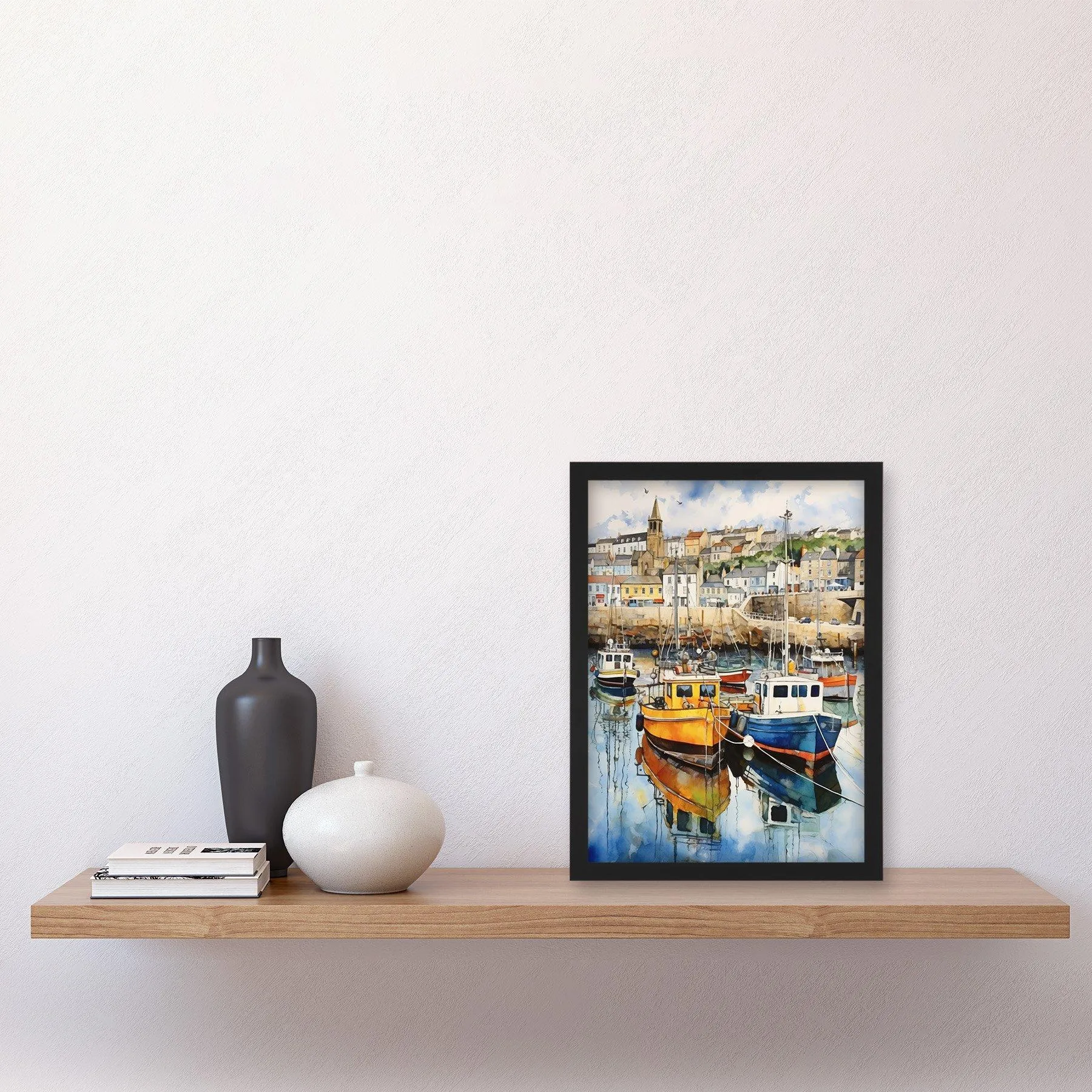 Wall Art & Pictures | Wall Art Print Penzance Harbour Trawler Boats Promenade Watercolour Painting Cornwall Coastal Townscap