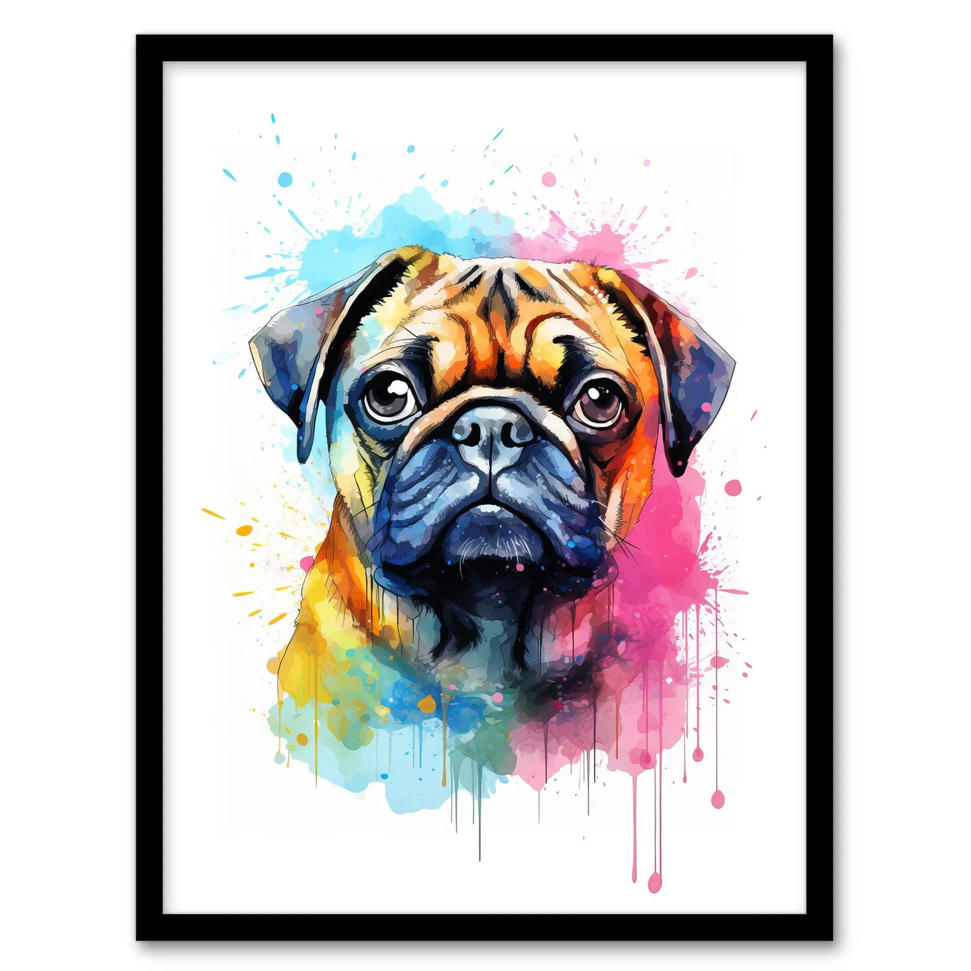 Wall Art & Pictures | Wall Art Print Pug Lovers Gift Watercolour Pet Portrait Painting Artwork Art Framed | Artery8