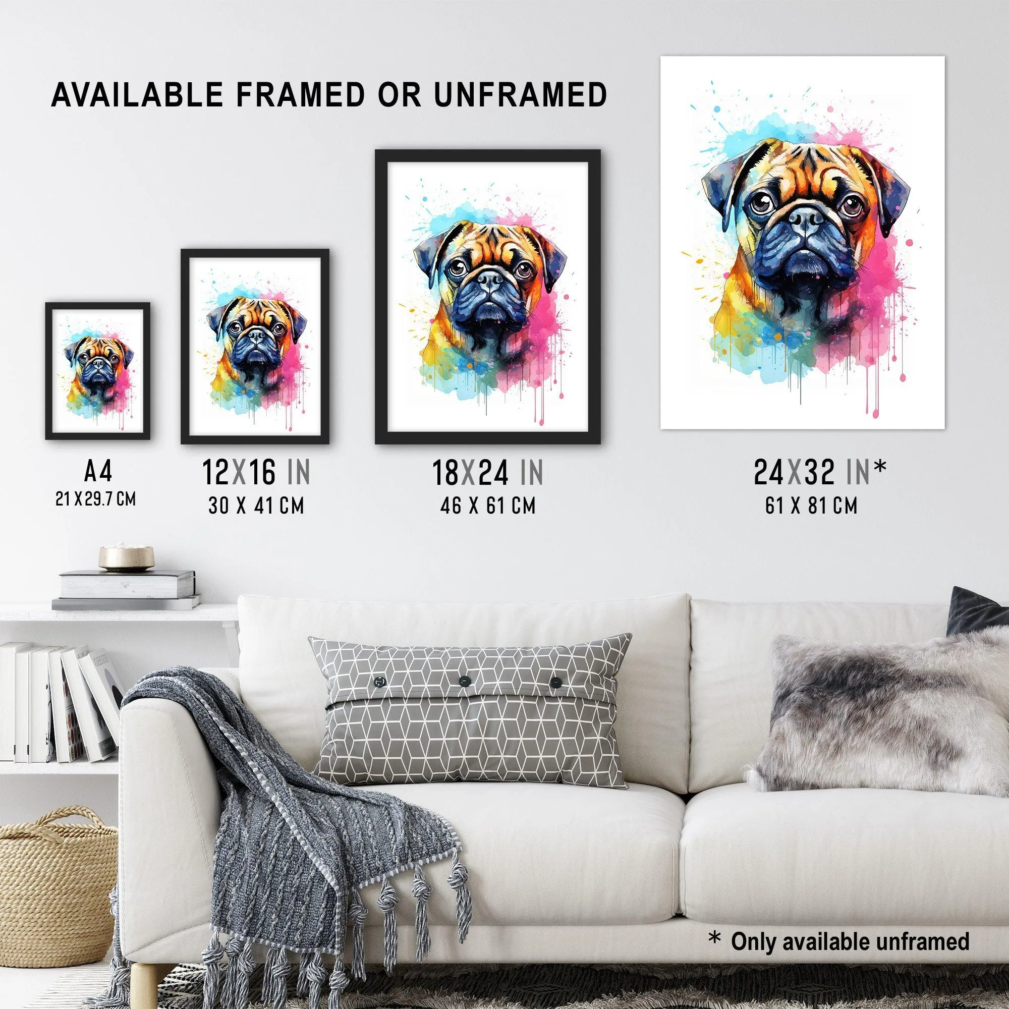 Wall Art & Pictures | Wall Art Print Pug Lovers Gift Watercolour Pet Portrait Painting Artwork Art Framed | Artery8